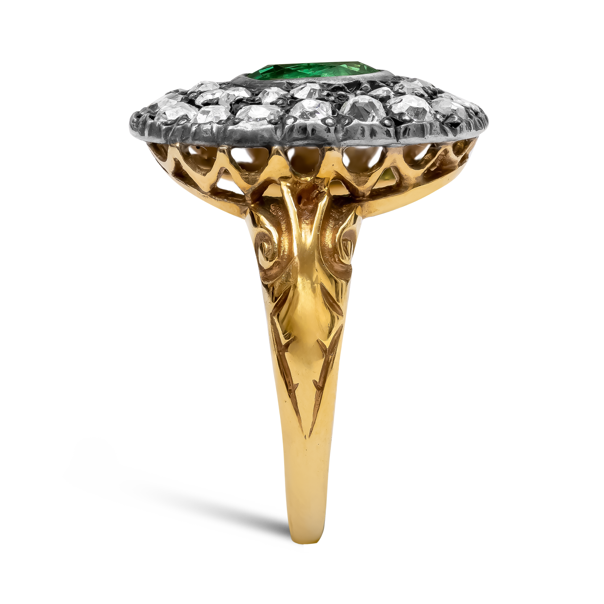 Victorian Oval Cut 0.60ct Emerald and Diamond Cluster Ring Oval Cut, Rubover Set_4