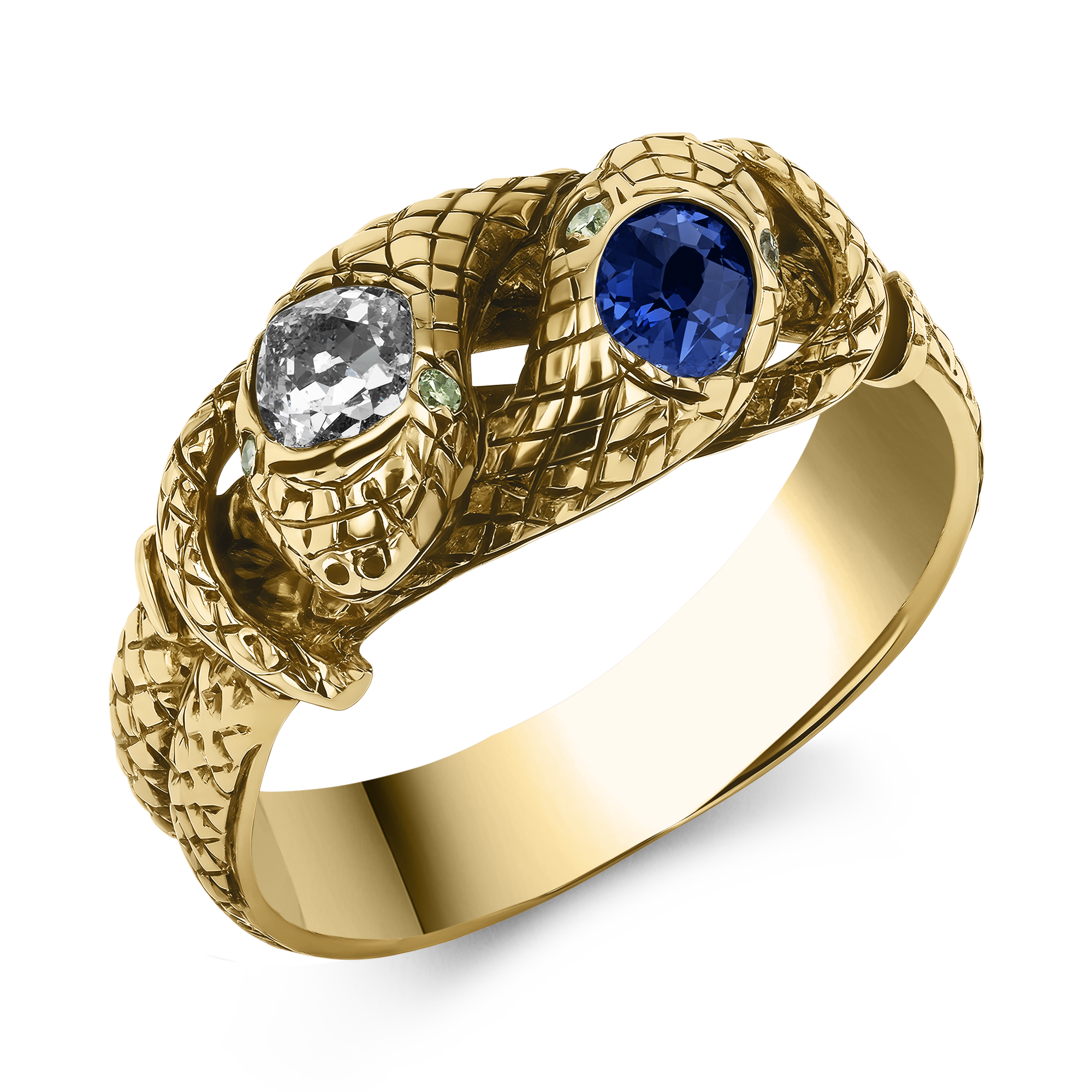 Belle Epoque Sapphire and Diamond Entwined Snake Ring Old Mine Cut, Rubover Set_1