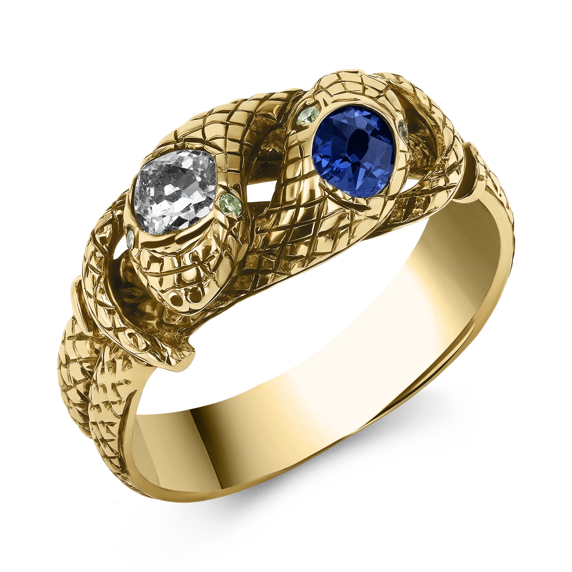 Belle Epoque Sapphire and Diamond Entwined Snake Ring Old Mine Cut, Rubover Set_1