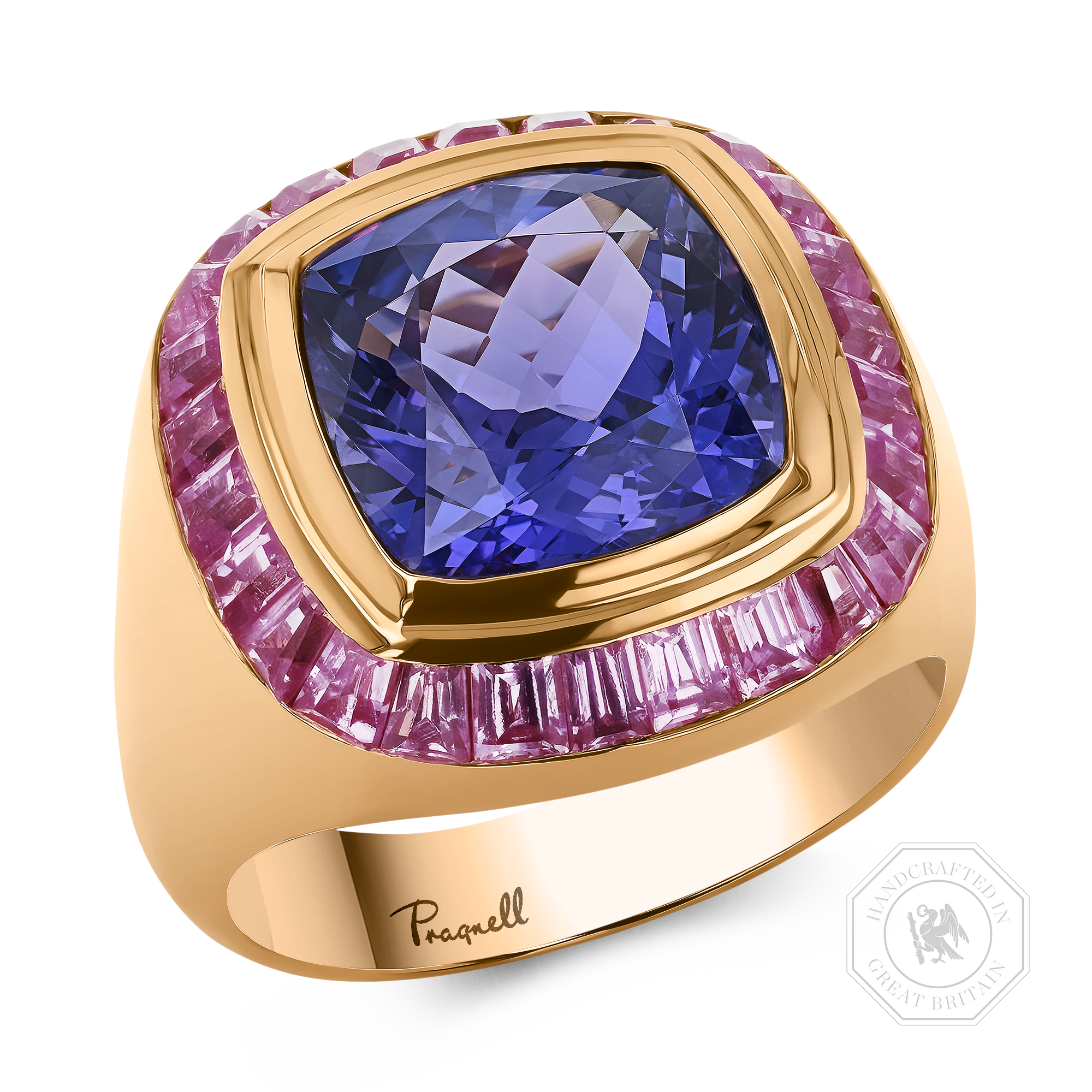 Cushion Cut Tanzanite Ring Cocktail Ring with Carre Cut Pink Sapphires_1