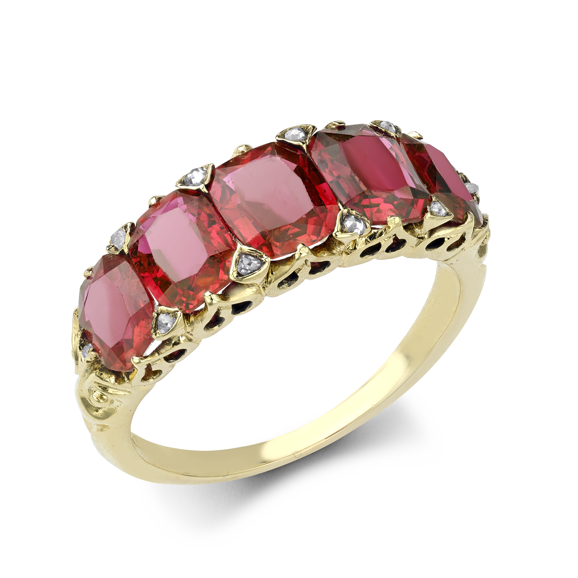 Victorian Five Stone Burmese Ruby Ring Cushion Cut, Claw Set_1