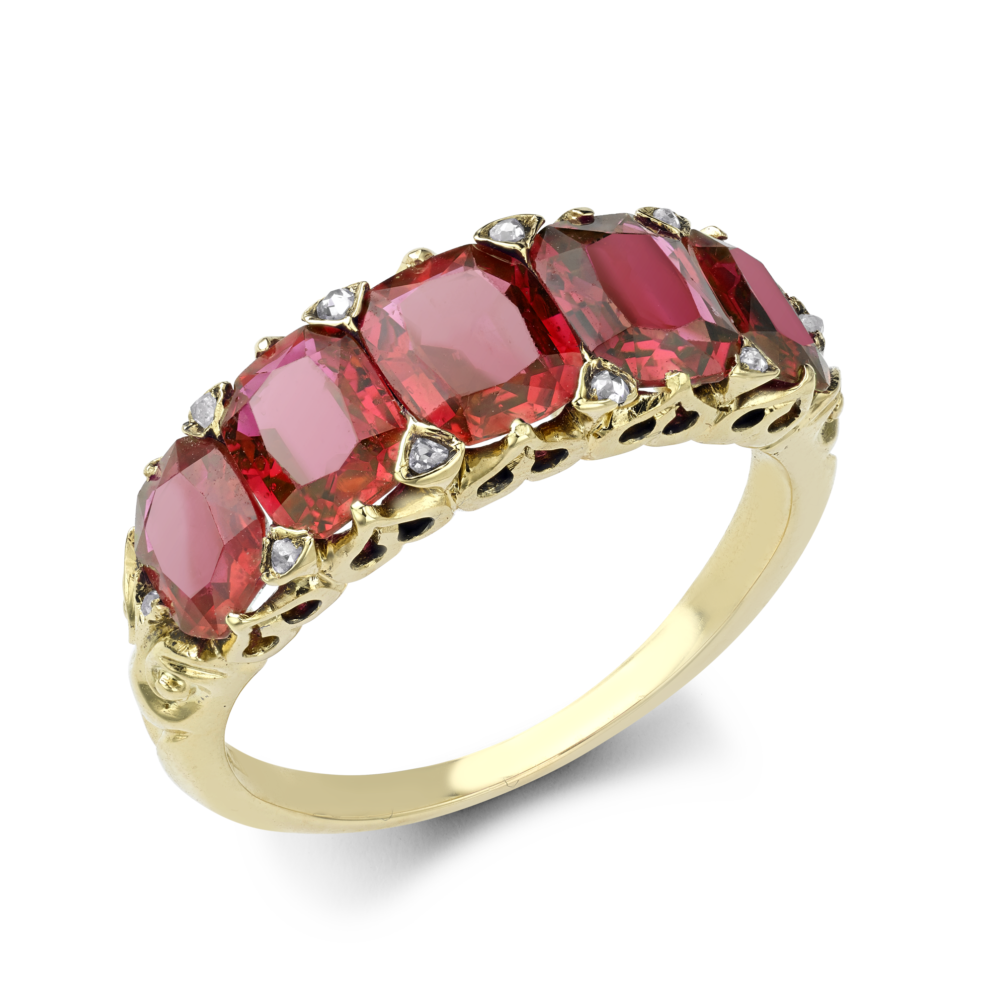 Victorian Five Stone Burmese Ruby Ring Cushion Cut, Claw Set_1