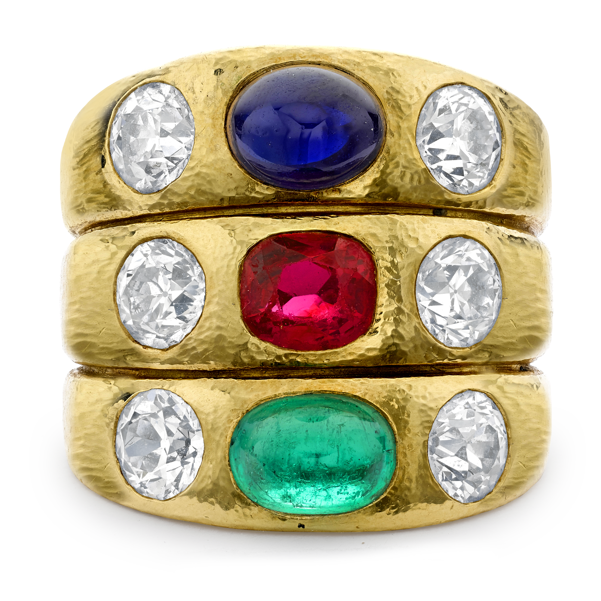Emerald, Ruby, Sapphire & Diamond dress Ring by David Webb Cabochon, Cushion-cut, Old Mine-cut all Gypsy-set_2