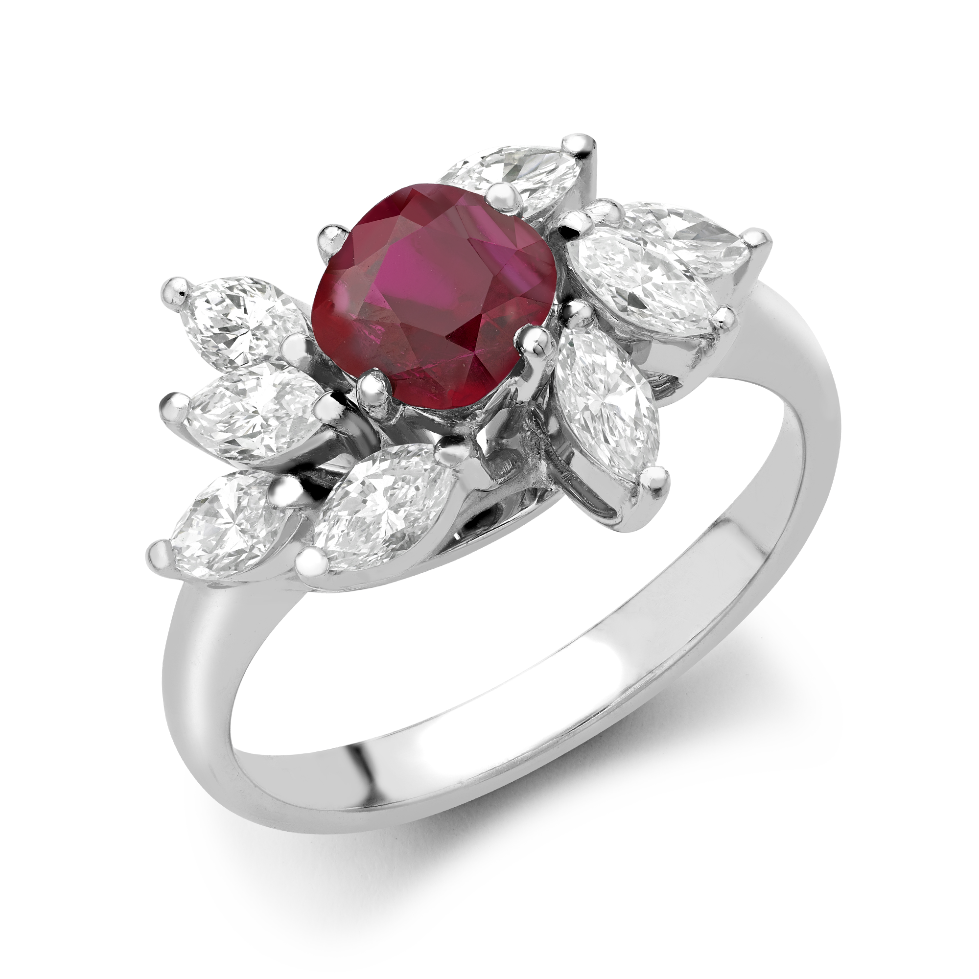 Contemporary Burmese Ruby and Diamond Firework Ring Cushion & Marquise Cut, Claw Set_1