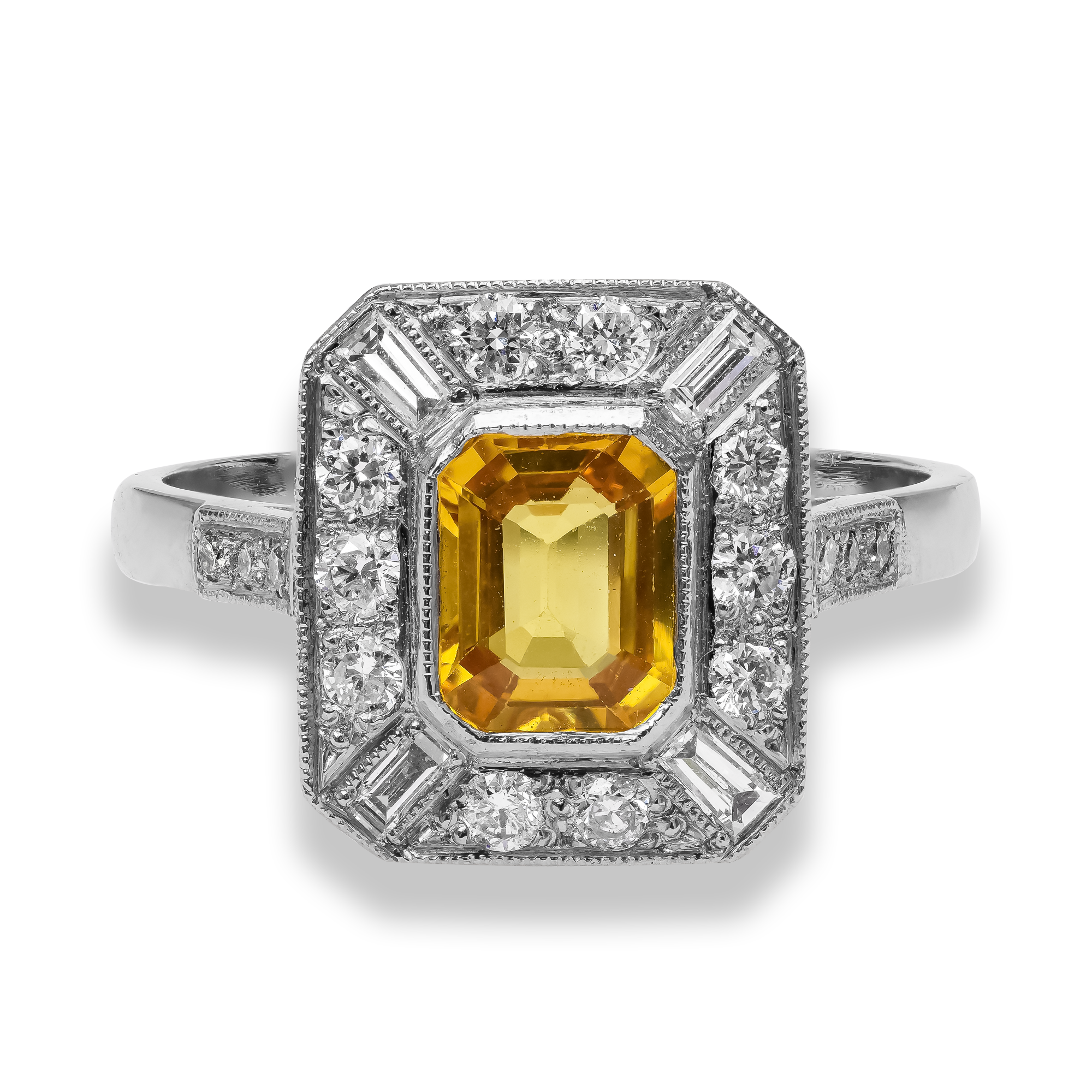 Emerald Cut 1.20ct Yellow Sapphire and Diamond Ring Emerald Cut, Millegrain Set_2
