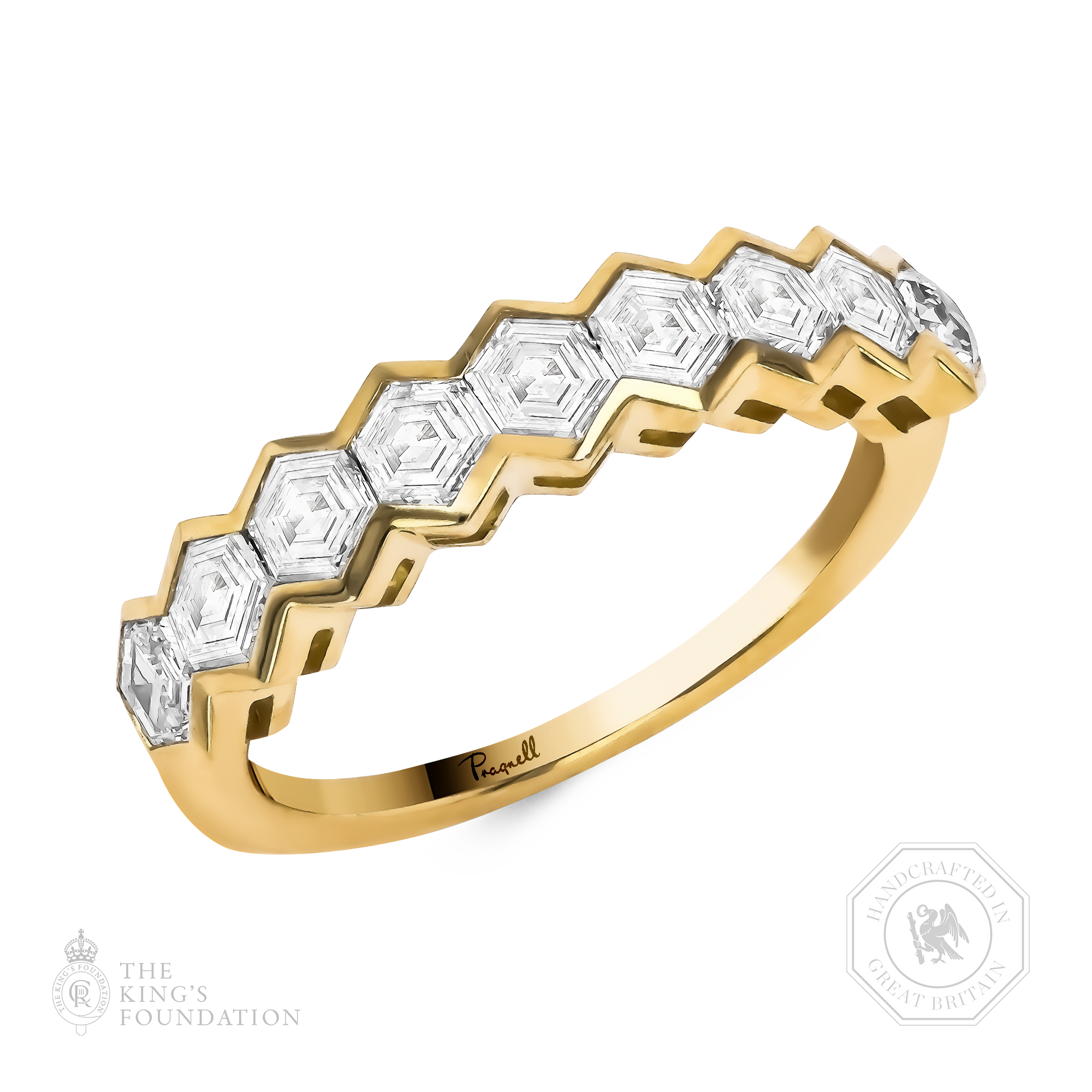 Honeycomb Nine Stone Diamond Ring Hexagonal Cut, Rubover Set_1