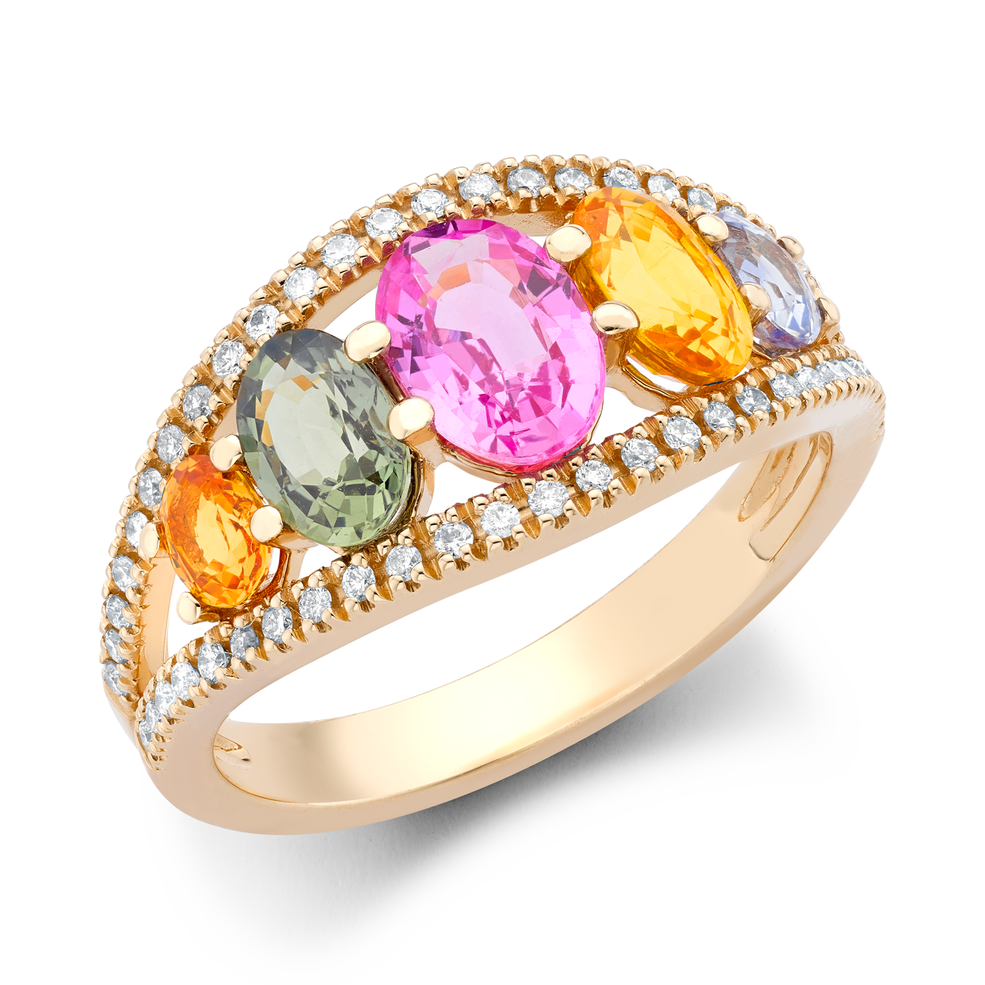 Rainbow Multi-Coloured Sapphire & Diamond Five Stone Ring Oval & Brilliant Cut, Claw Set_1