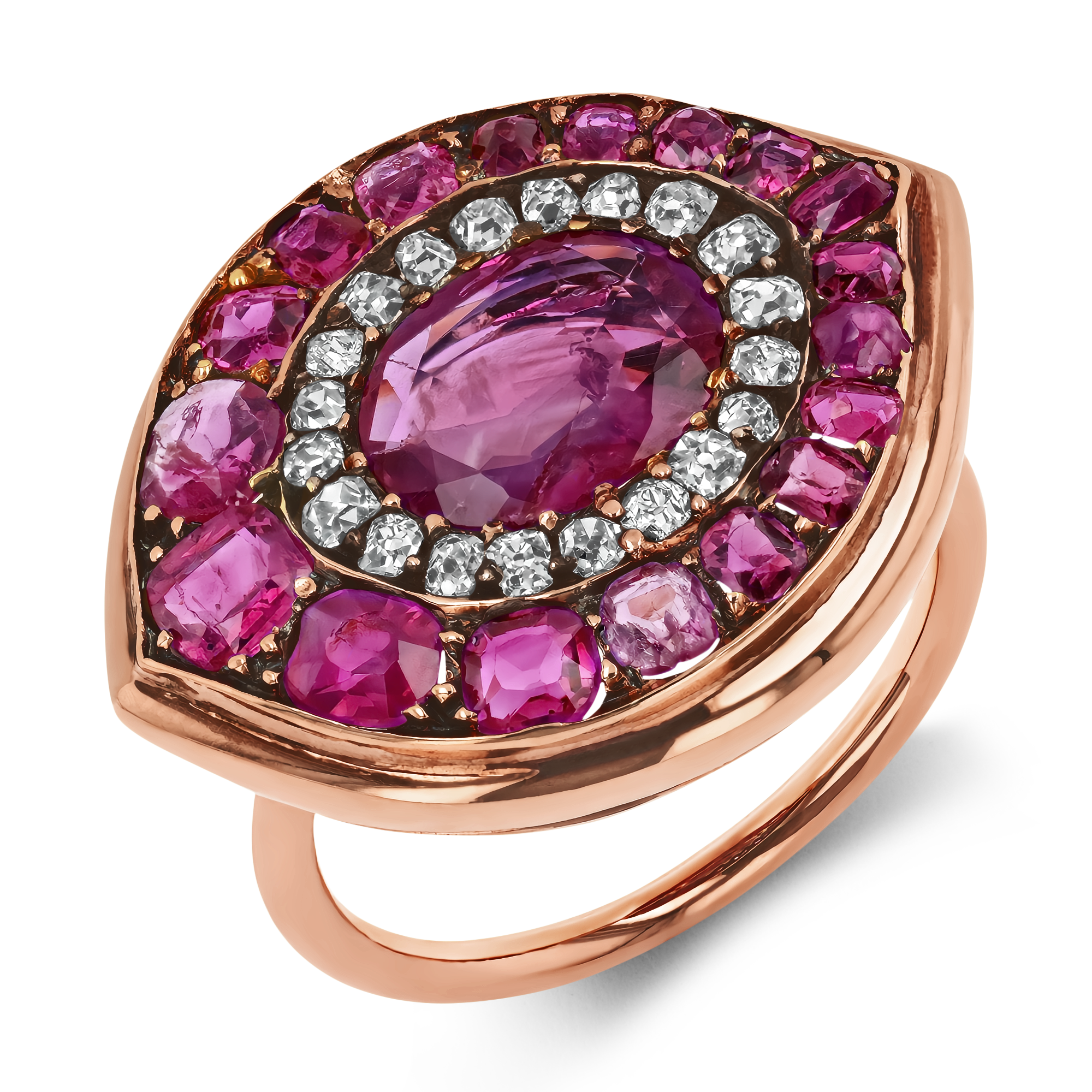 Art Deco Ruby Cluster Ring Oval Cut Ruby Ring, with Diamond & Ruby Surround_1
