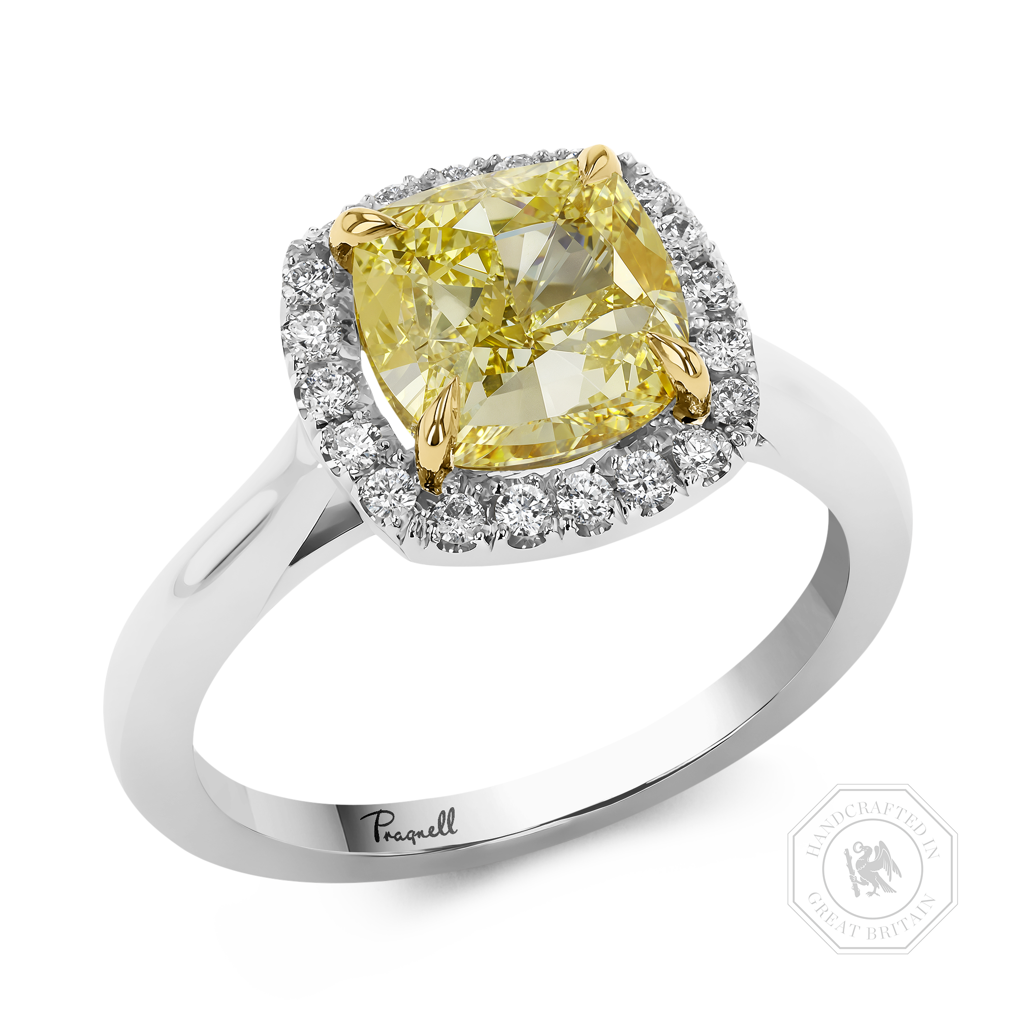 Celestial 3.02ct Kimberley Fancy Intense Yellow Diamond Cluster Ring Cushion Modern & Brilliant Cut, Claw Set_1