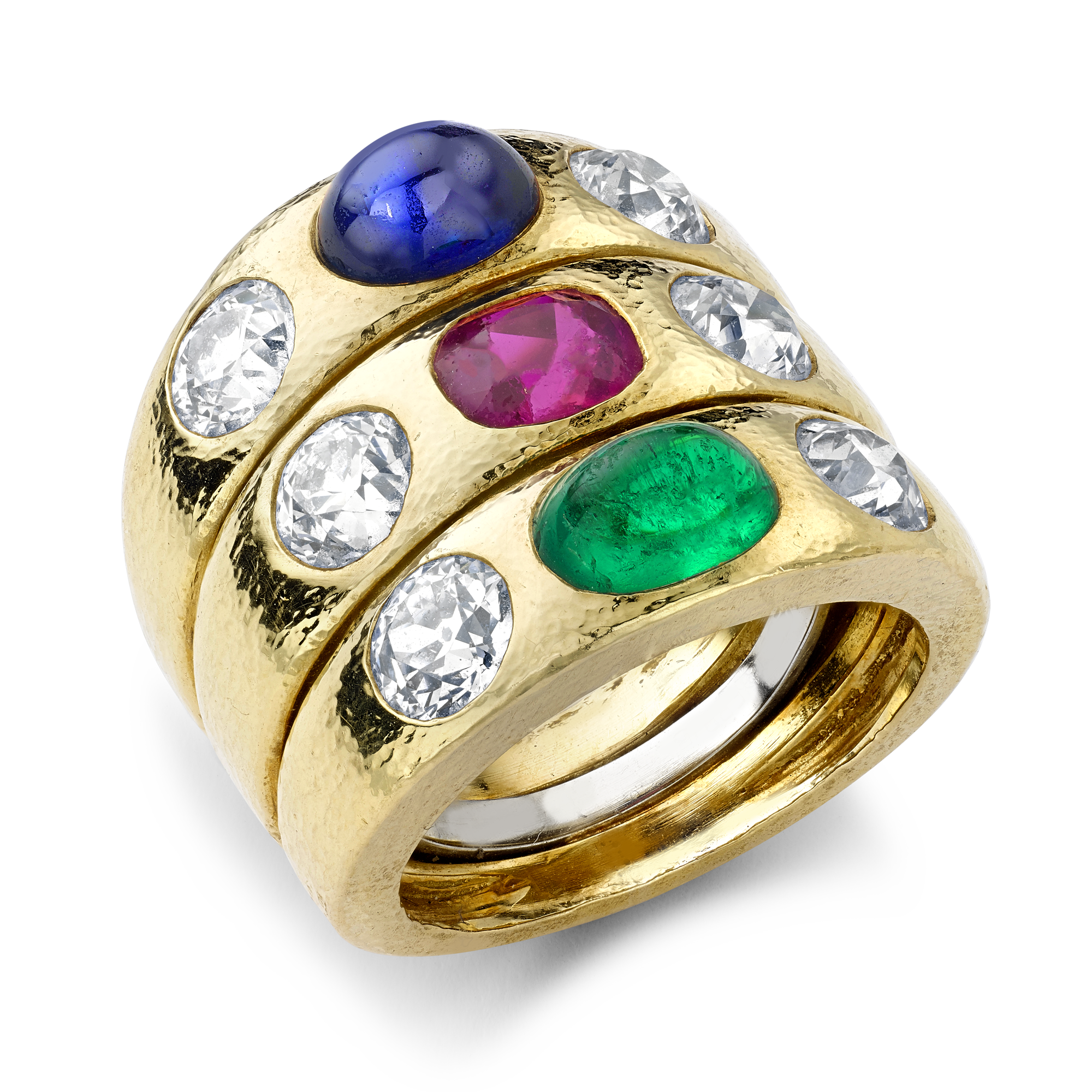 Emerald, Ruby, Sapphire & Diamond dress Ring by David Webb Cabochon, Cushion-cut, Old Mine-cut all Gypsy-set_1