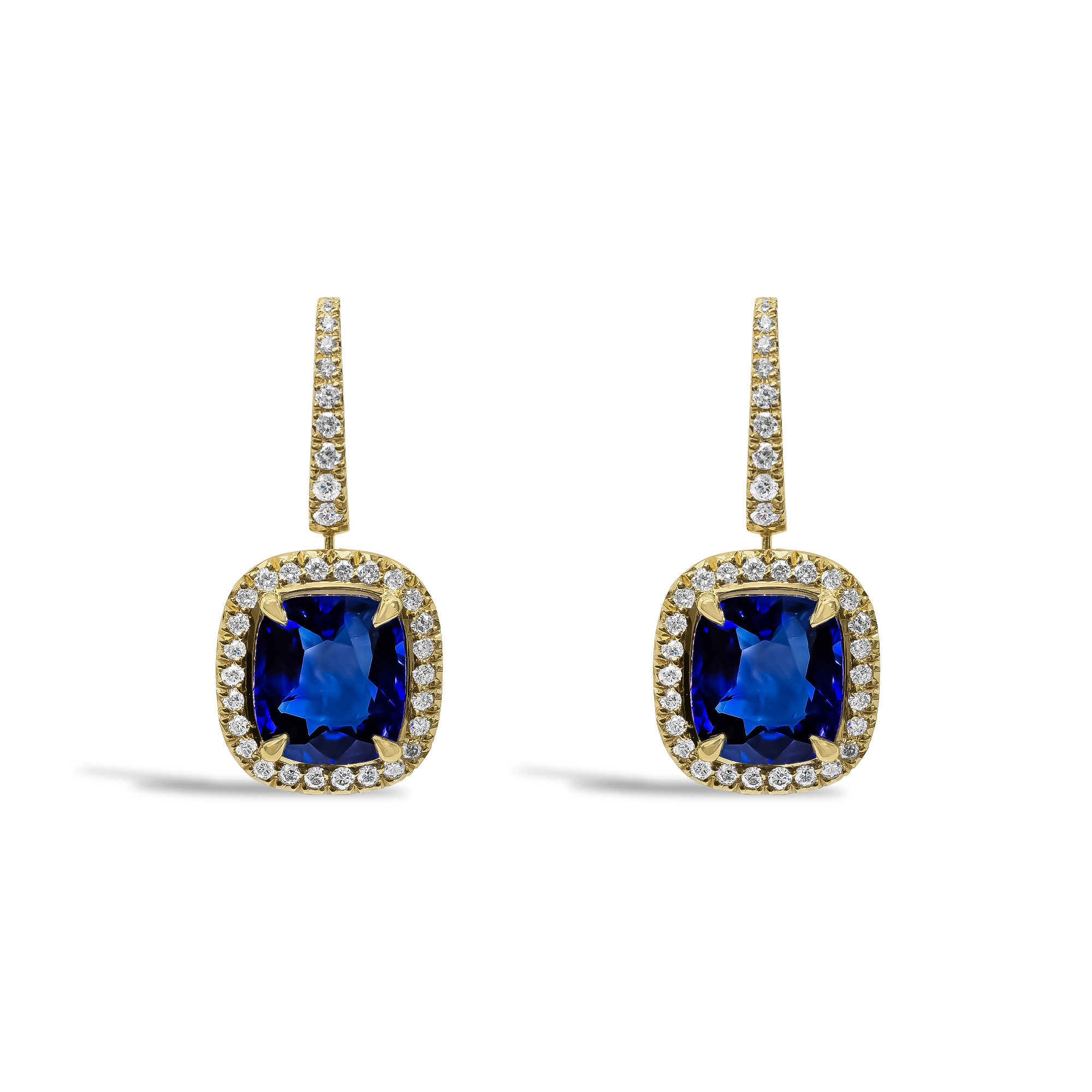 Cushion Cut 4.07ct Sri Lankan Sapphire and Diamond Drop Earrings Modern Cushion Cut, Claw Set_1