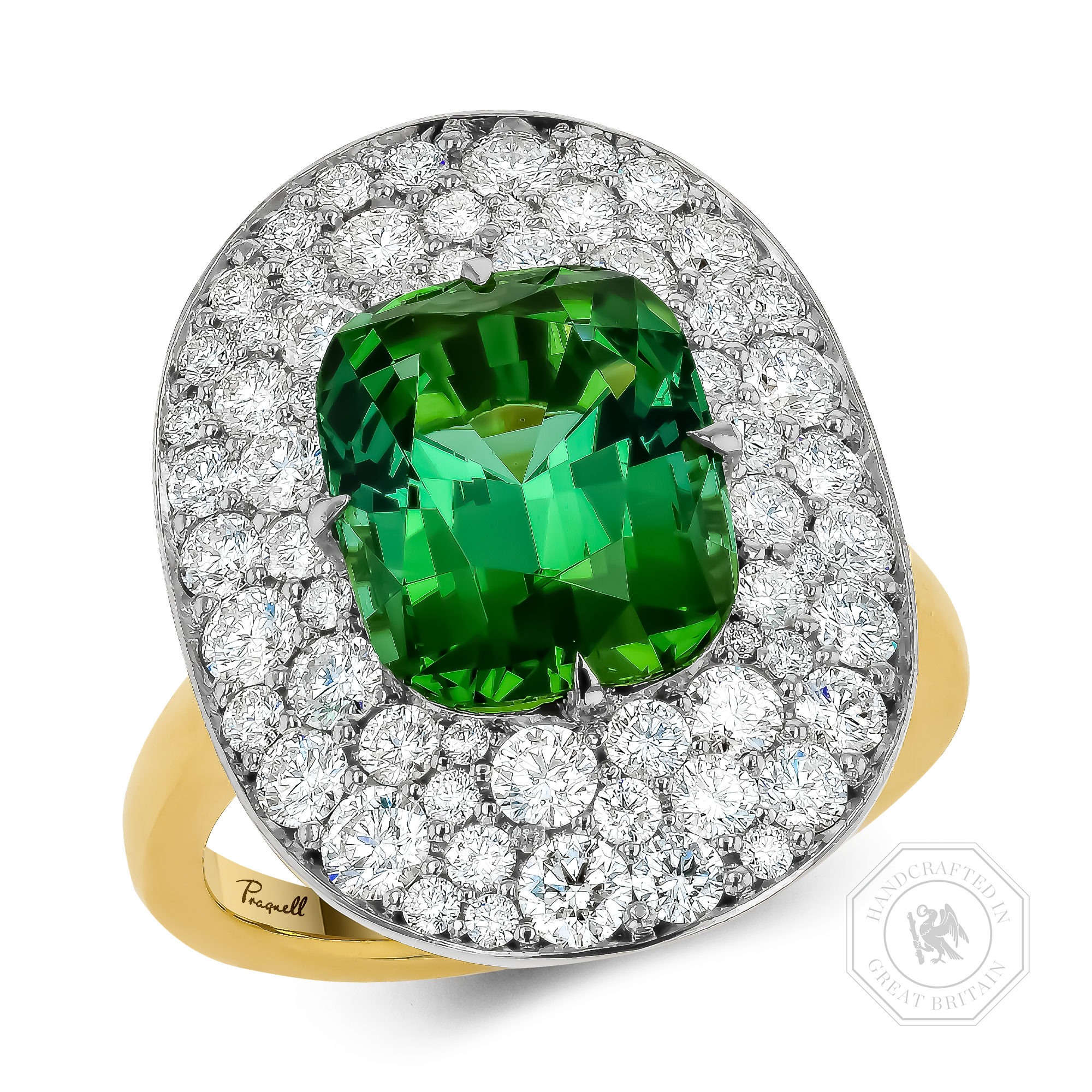Snowstorm 4.85ct Green Tourmaline and Diamond Cocktail Ring Cushion modern cut, Claw set_1