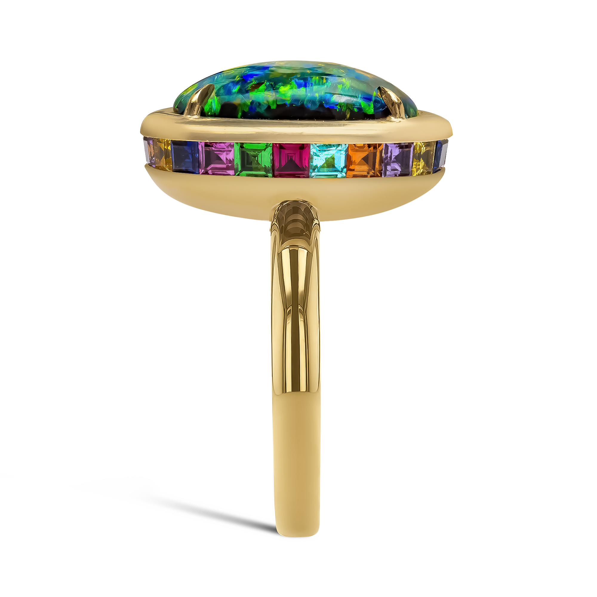 Masterpiece Skimming Stone Australian Black Opal, Sapphire, Paraiba, Ruby and Tsavorite Ring Cabochon Cut, Claw Set_4