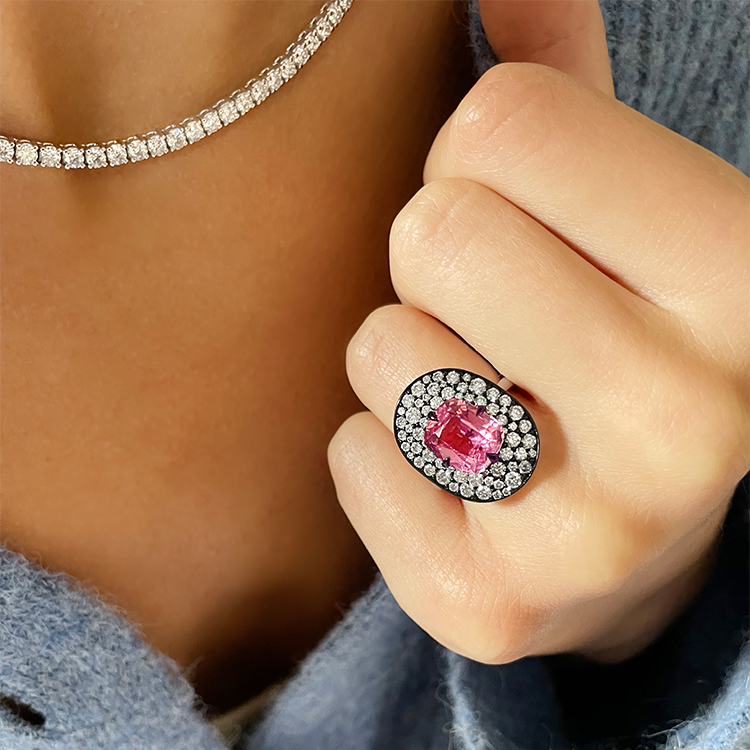 Snowstorm 4.72ct Pink Tourmaline and Diamond Cocktail Ring Cushion modern cut, Claw set_10