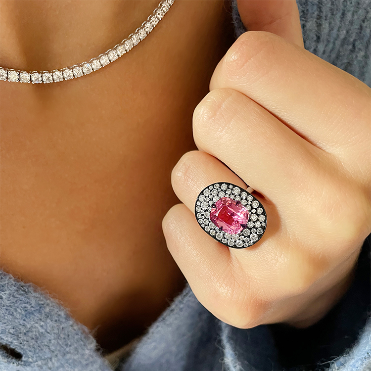 Snowstorm Pink Tourmaline & Diamond Ring Cushion & Brilliant Cut, Claw Set_10