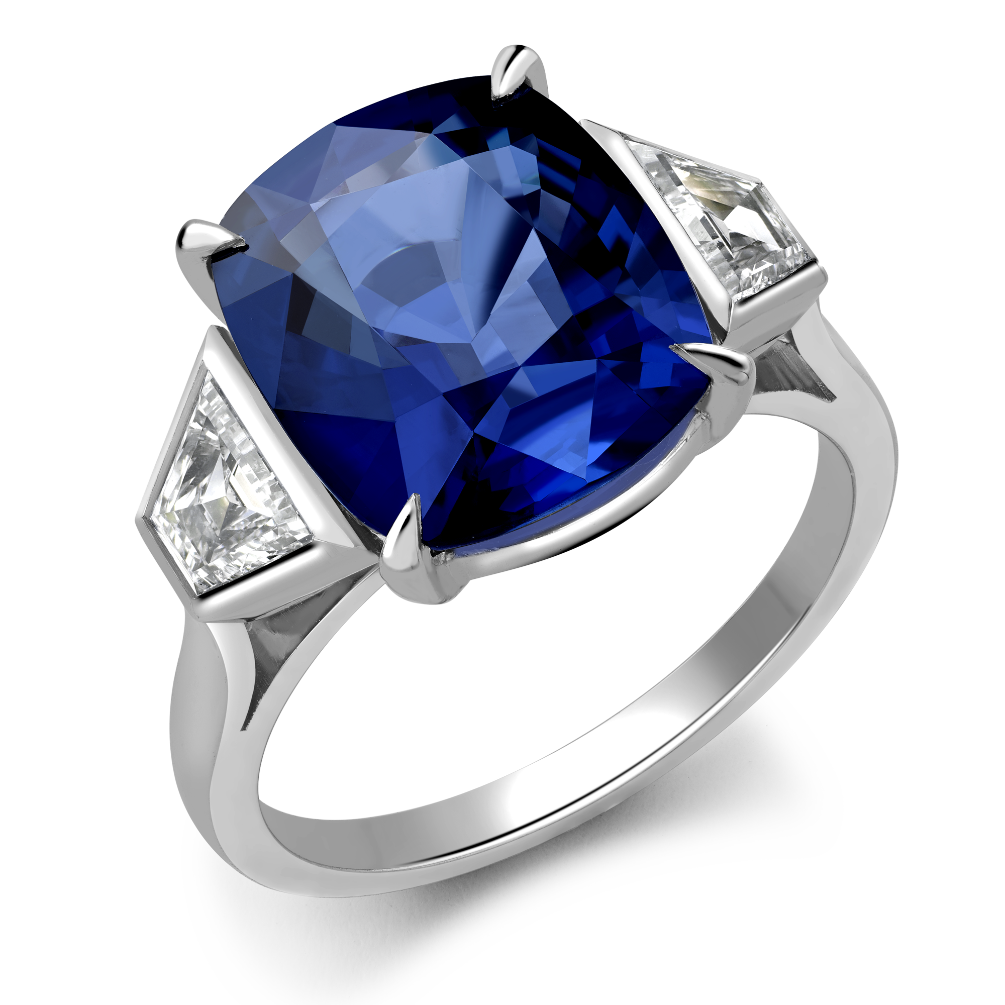 Cushion Cut Sri Lankan Sapphire Ring Cushion & Baguette Cut, Claw & Rub Over Set_1