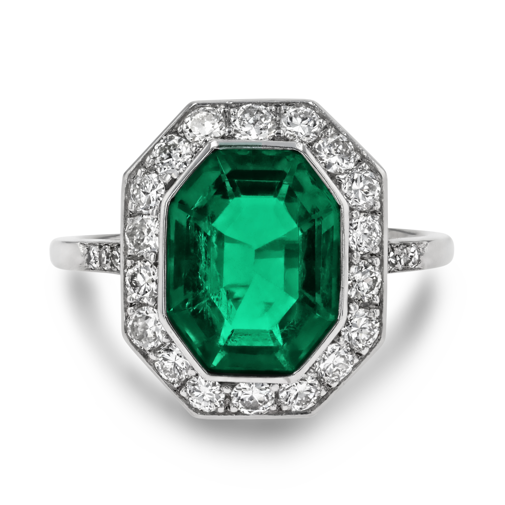 Art Deco Octagonal Colombian Emerald Ring Octagonal, Brilliant & Eight Cut, Claw Set_2