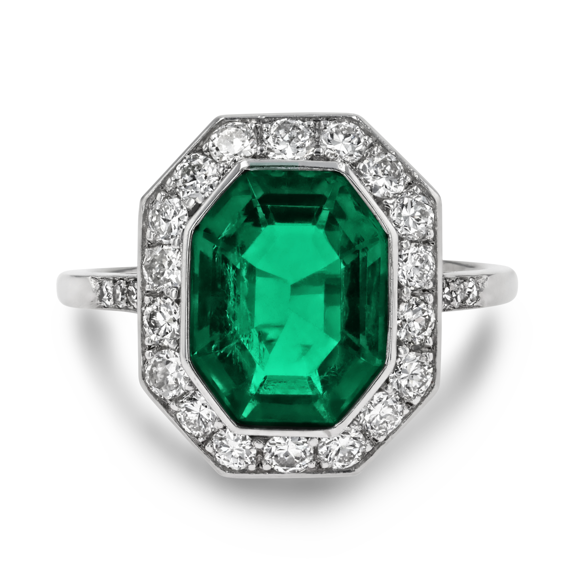 Art Deco 3.80ct Colombian Emerald and Diamond Cluster Ring Octagonal Cut, Rubover Set_2