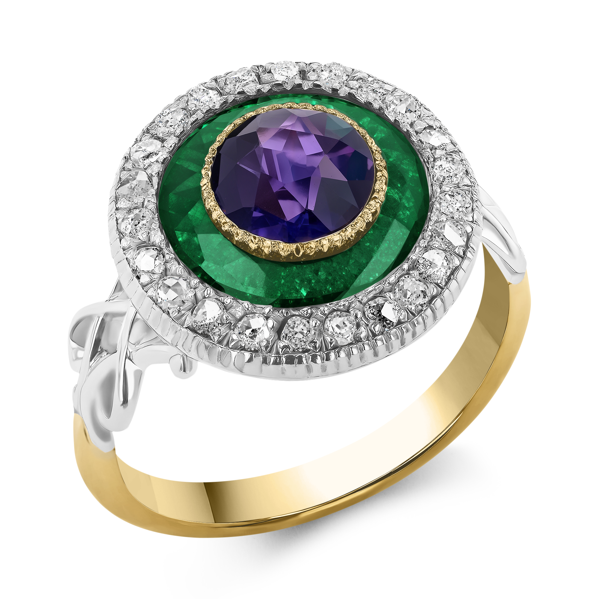 Edwardian Suffragette Amethyst, Diamond and Enamel Cocktail Ring Brilliant Cut, Millegrain Set_1