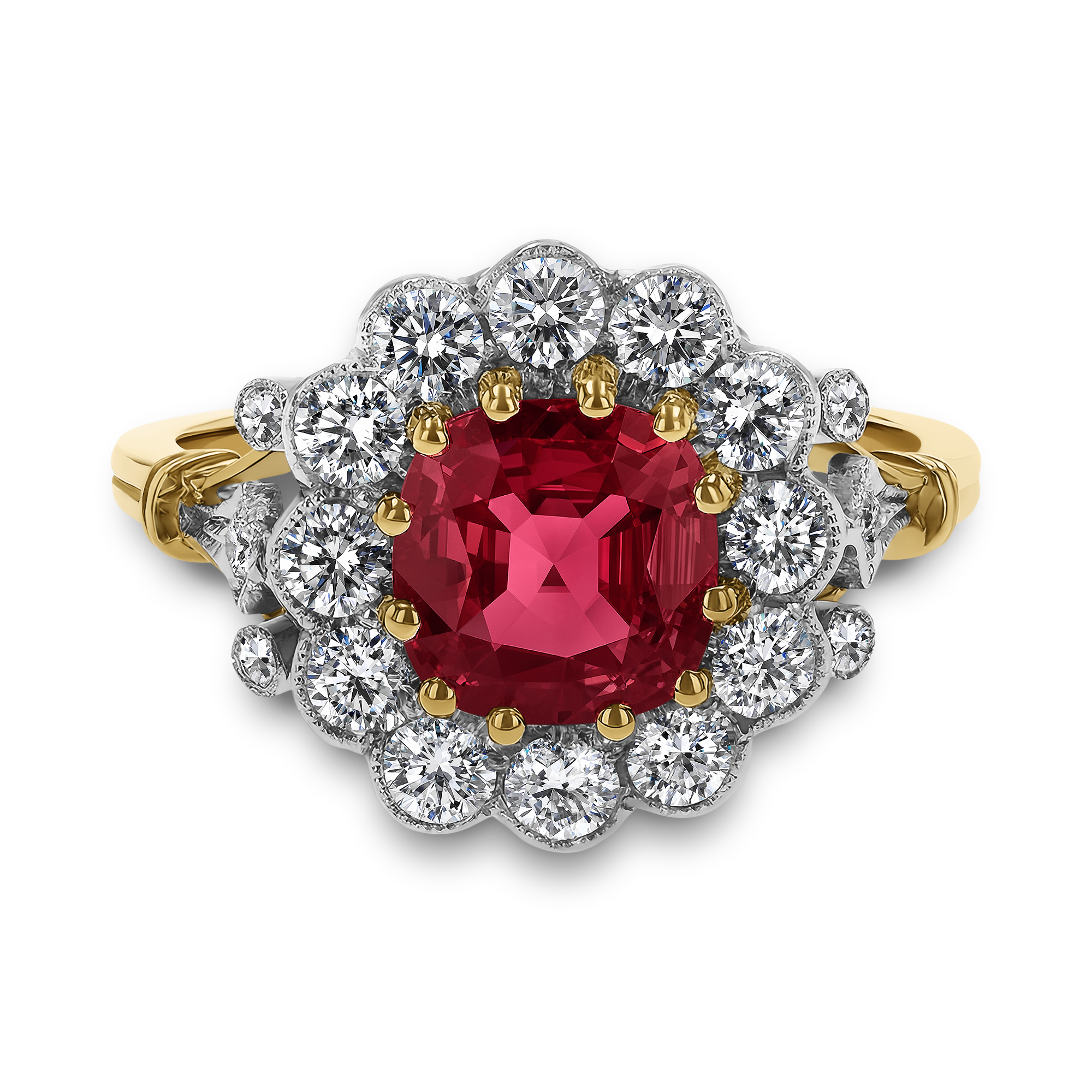 Edwardian Inspired Cushion Cut 1.17ct Ruby and Diamond Cluster Ring Cushion & Brilliant Cut, Claw Set_2