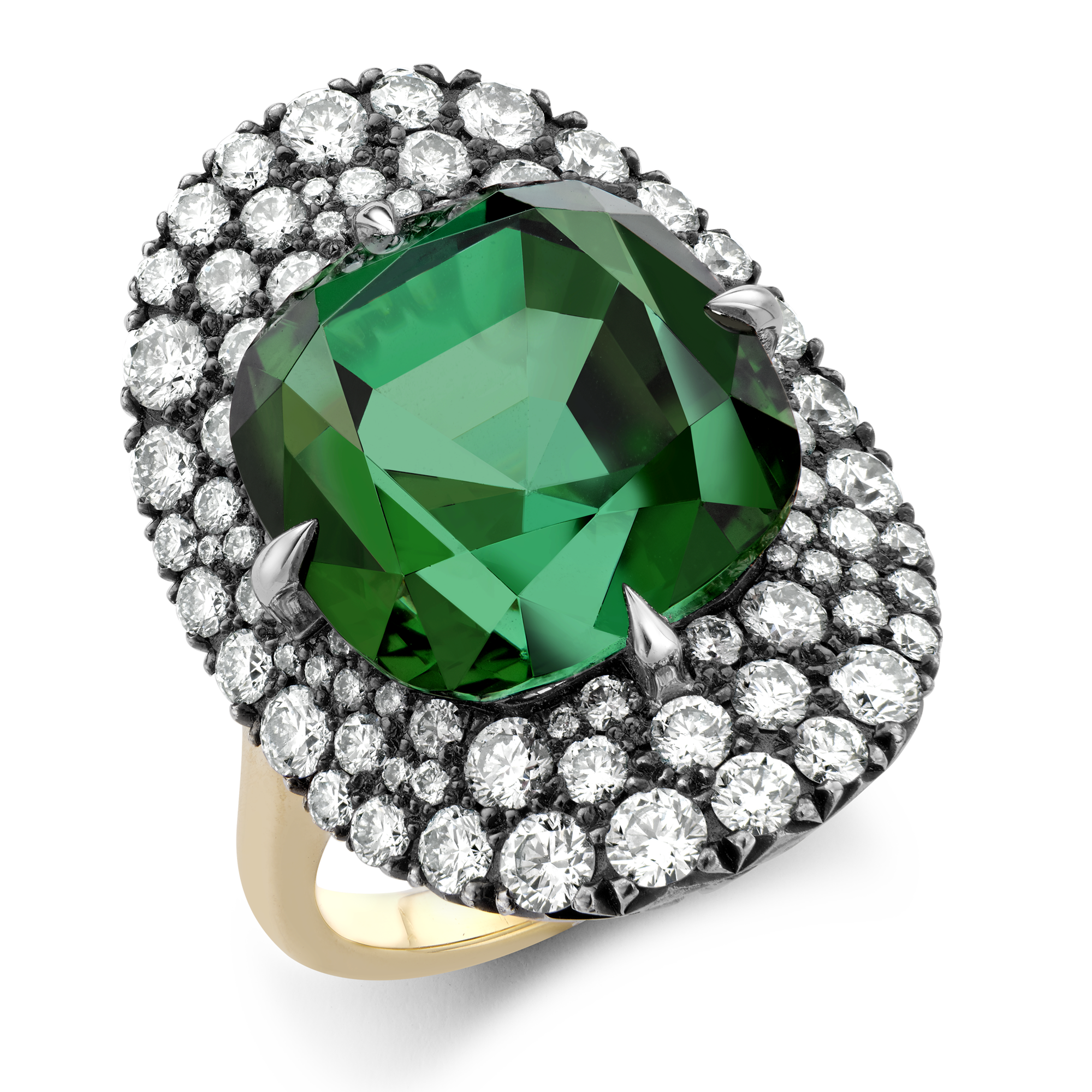 Snowstorm Green Tourmaline and Diamond Ring Cushion & Brilliant Cut, Claw & Pave Set_1