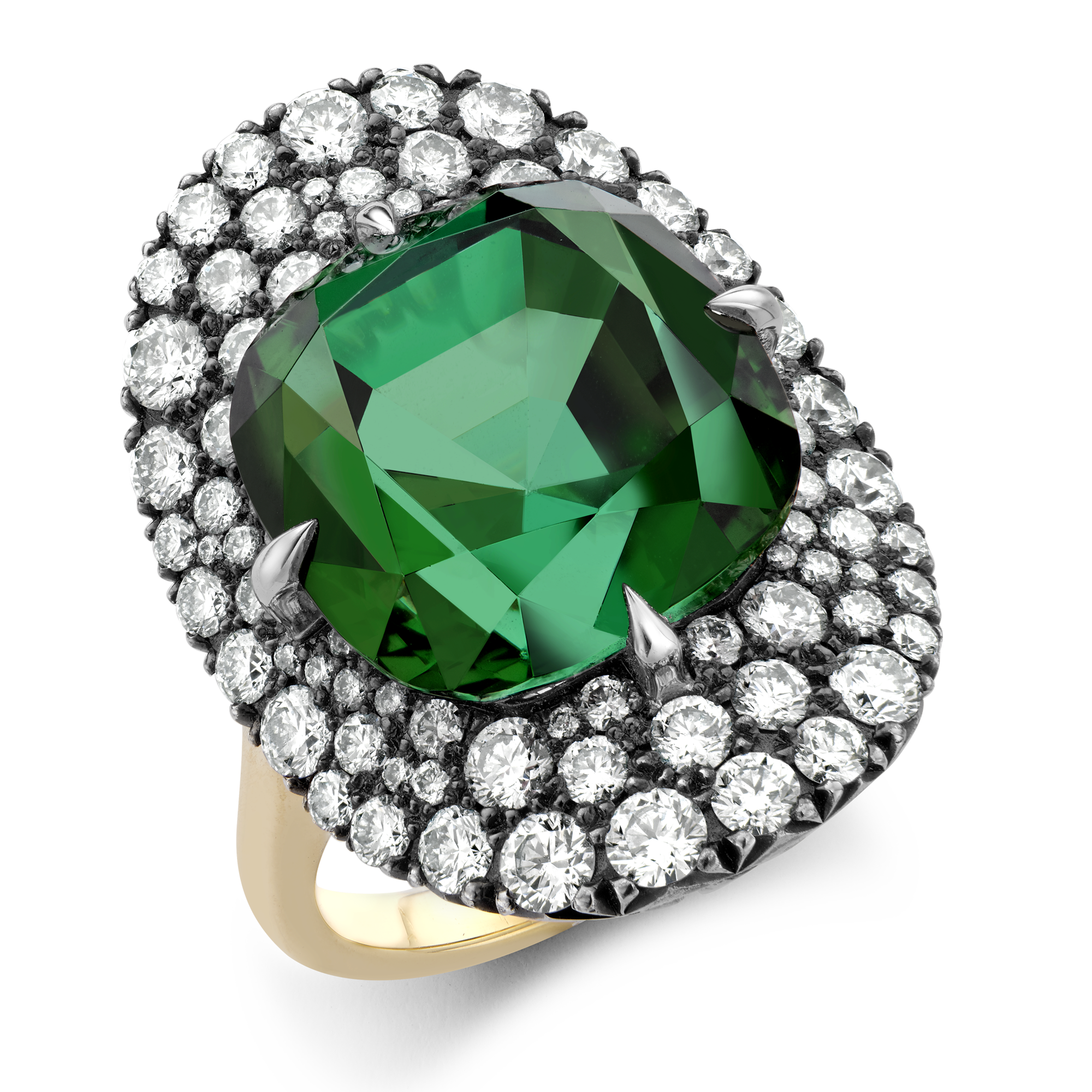 Masterpiece Snowstorm Green Tourmaline and Diamond Ring Cushion & Brilliant Cut, Claw & Pave Set_1