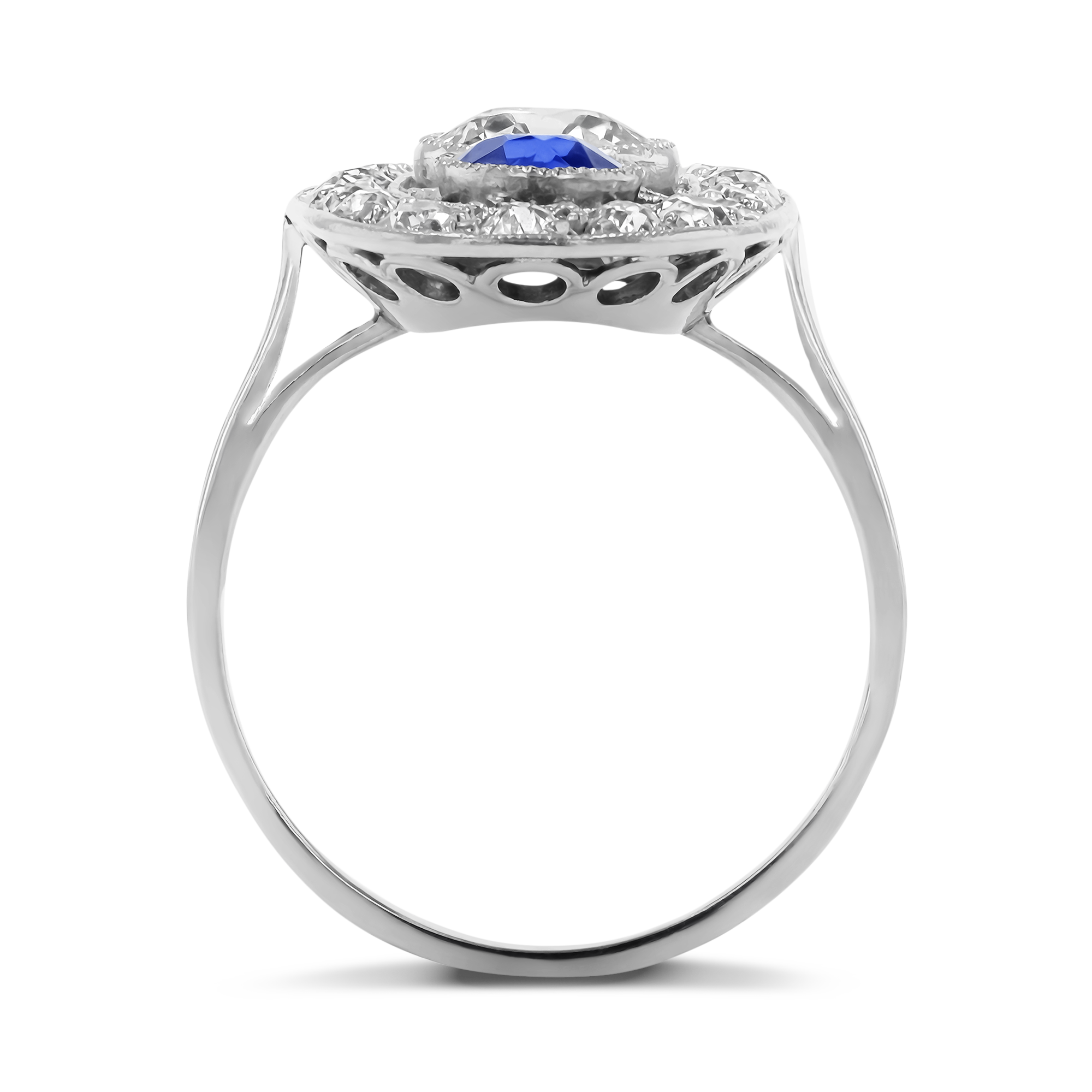 Edwardian Inspired Sapphire and Diamond Cluster Ring with Diamond Surround Brilliant Cut, Millegrain Set_3