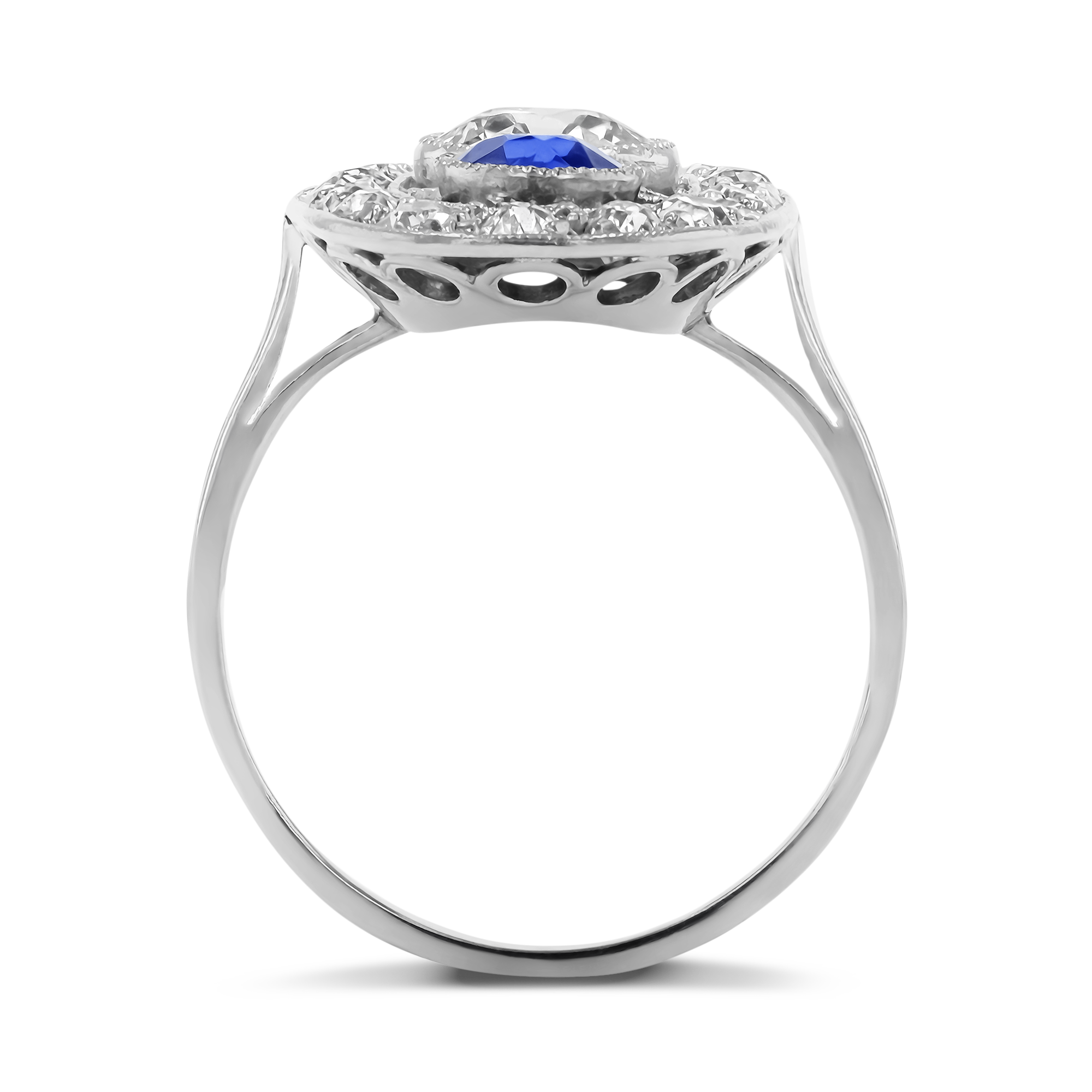 Edwardian Inspired Sapphire and Diamond Cluster Ring with Diamond Surround Brilliant Cut, Millegrain Set_3