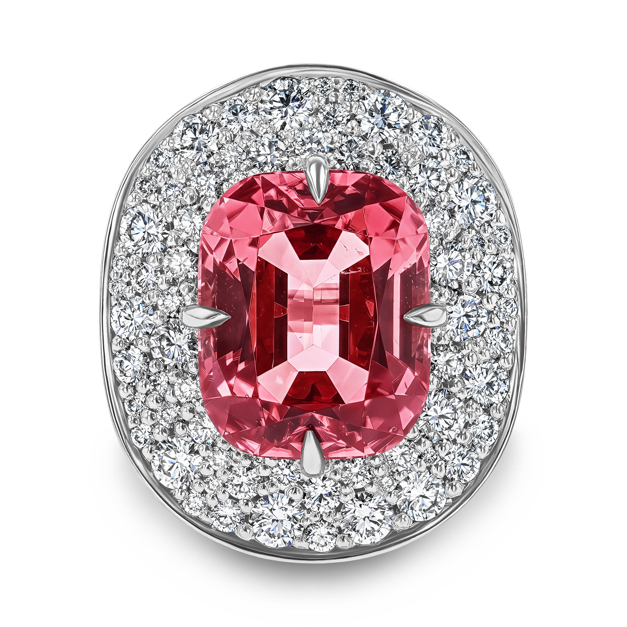 Snowstorm 8.08ct Peach Tourmaline and Diamond Cocktail Ring Cushion modern cut, Claw set_2