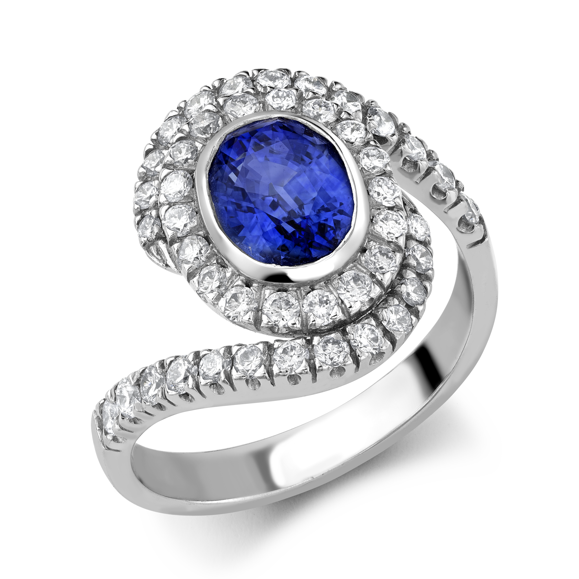 Oval Sapphire and Diamond Swirl Motif Ring Oval Cut and Four Claw Set_1