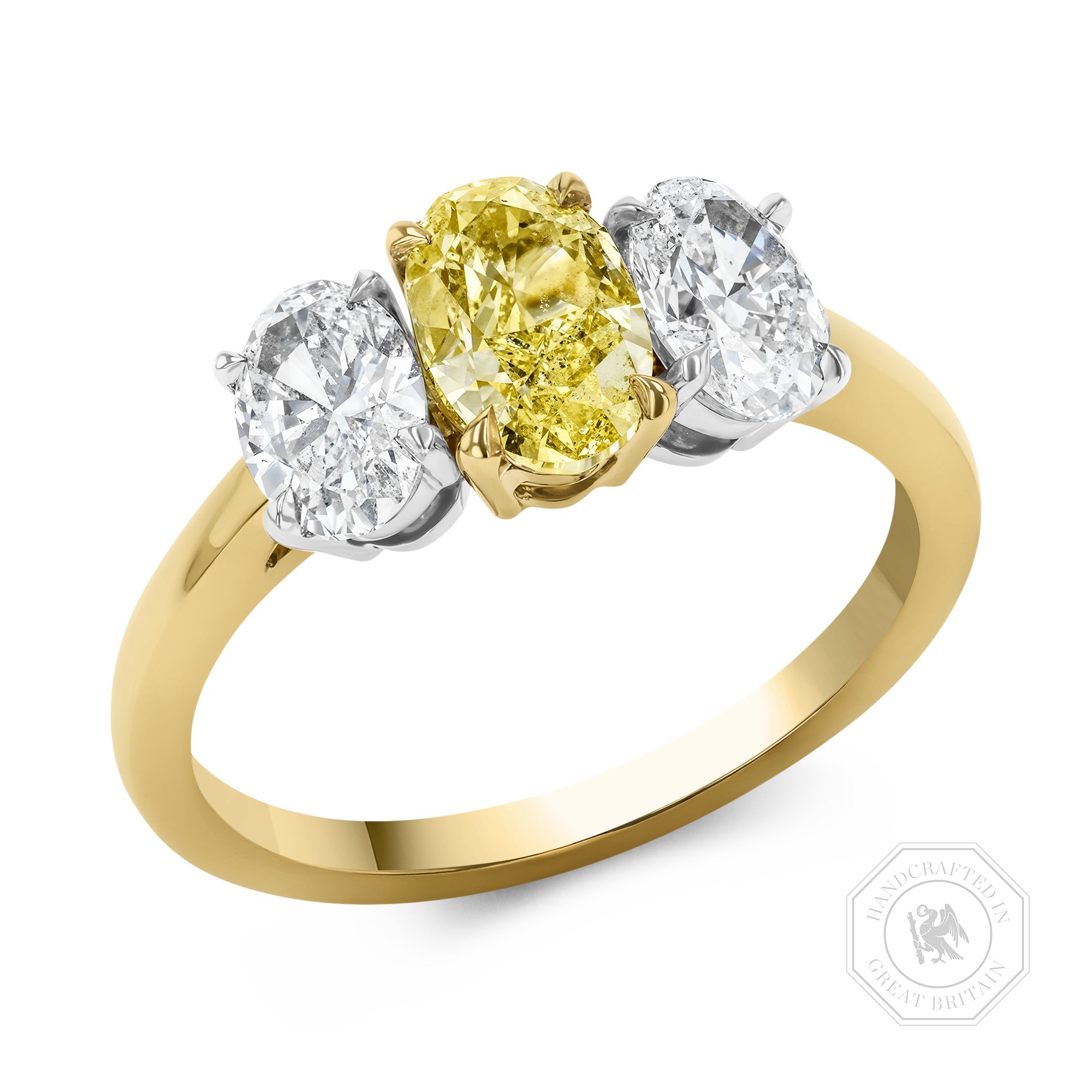 Oval Cut 1.01ct Kimberley Fancy Intense Yellow Diamond Three Stone Ring Oval Cut, Claw Set_1