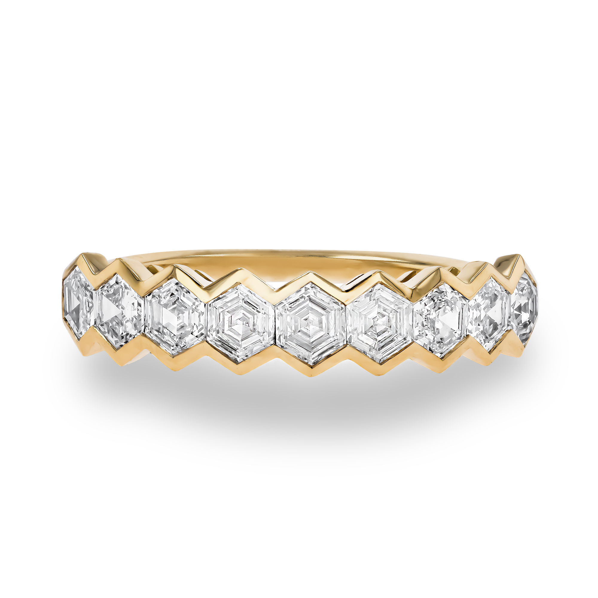 Honeycomb Nine Stone Diamond Ring Hexagonal Cut, Rubover Set_2