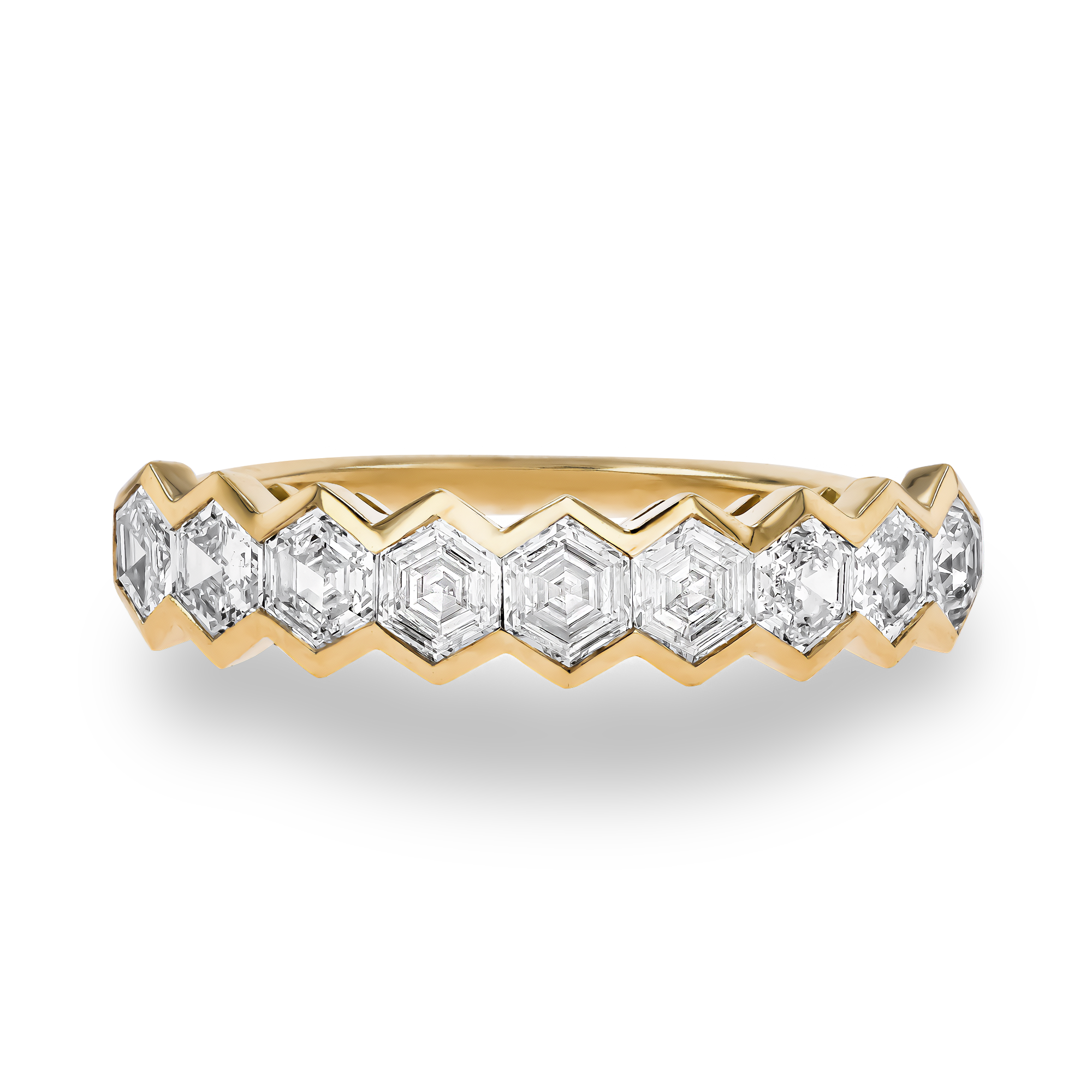 Honeycomb Nine Stone Diamond Ring Hexagonal Cut, Rubover Set_2