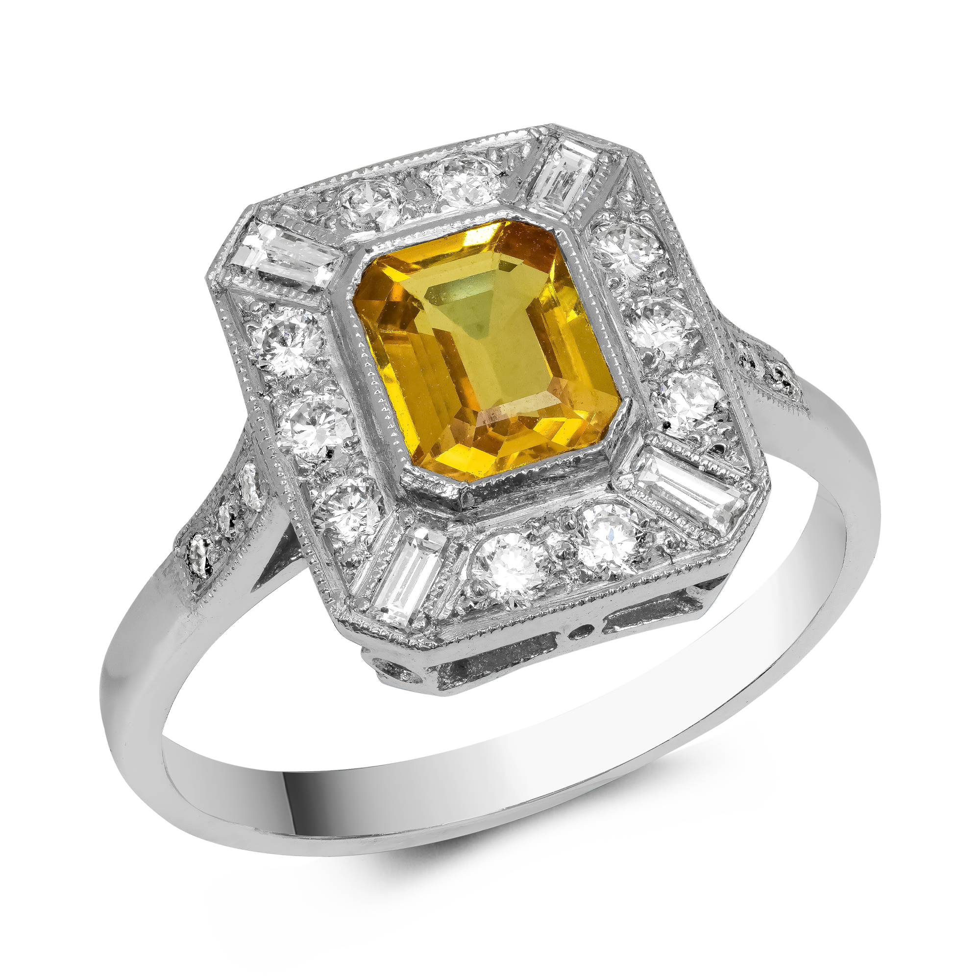 Emerald Cut 1.20ct Yellow Sapphire and Diamond Ring Emerald Cut, Millegrain Set_1
