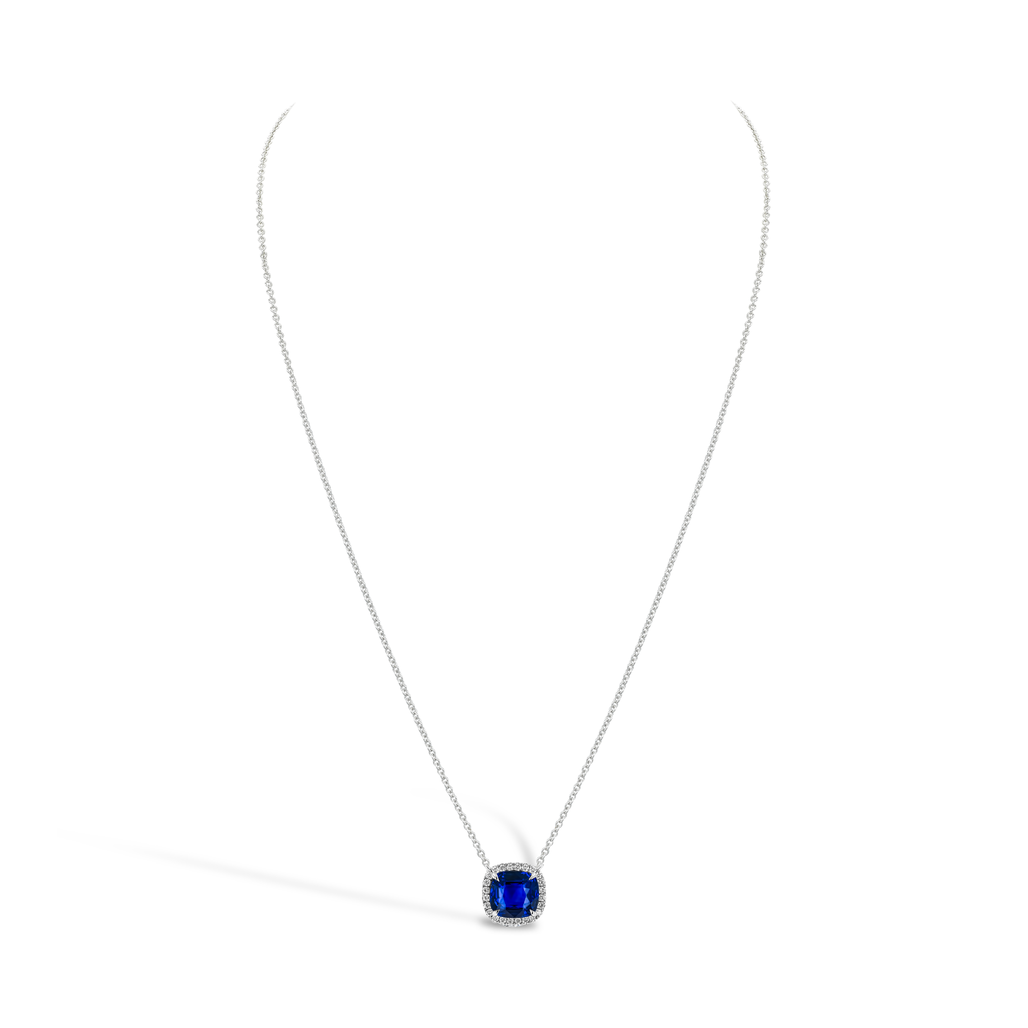 Cushion cut sapphire pendant with Diamond surround Cushion & Brilliant Cut, Claw Set_2
