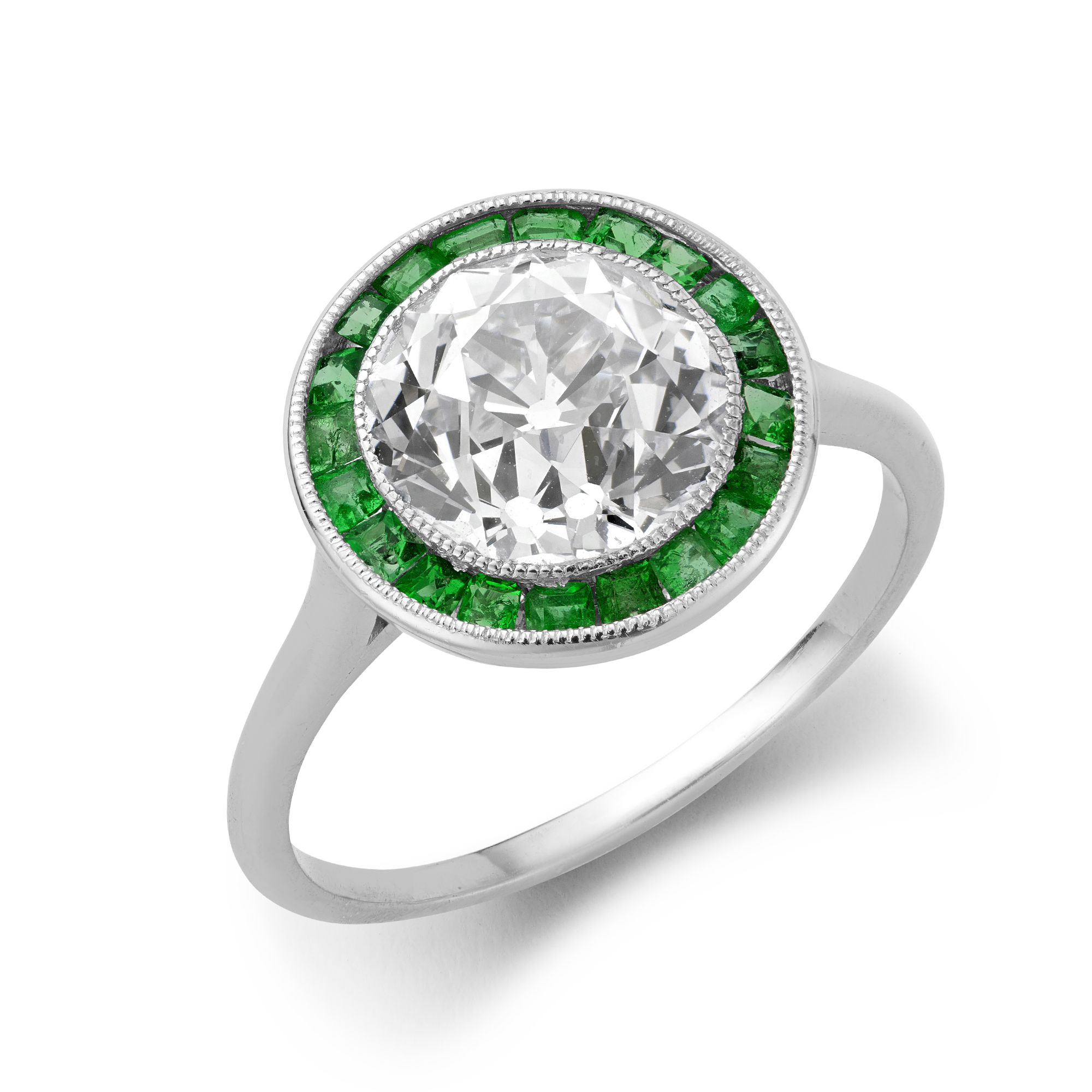 Diamond & Emerald Target Cluster ring with Emerald Surround Old Mine and Calibre Cut, Millegrain Set_1
