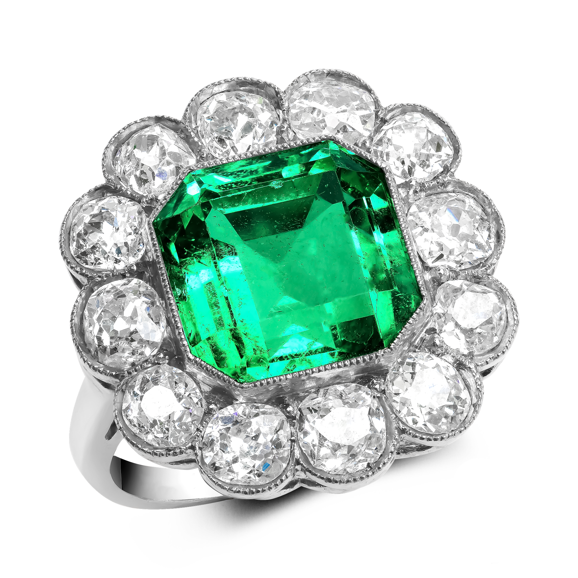 Victorian Emerald Cut Colombian Emerald and Diamond Ring Emerald Cut, Millegrain Set_1