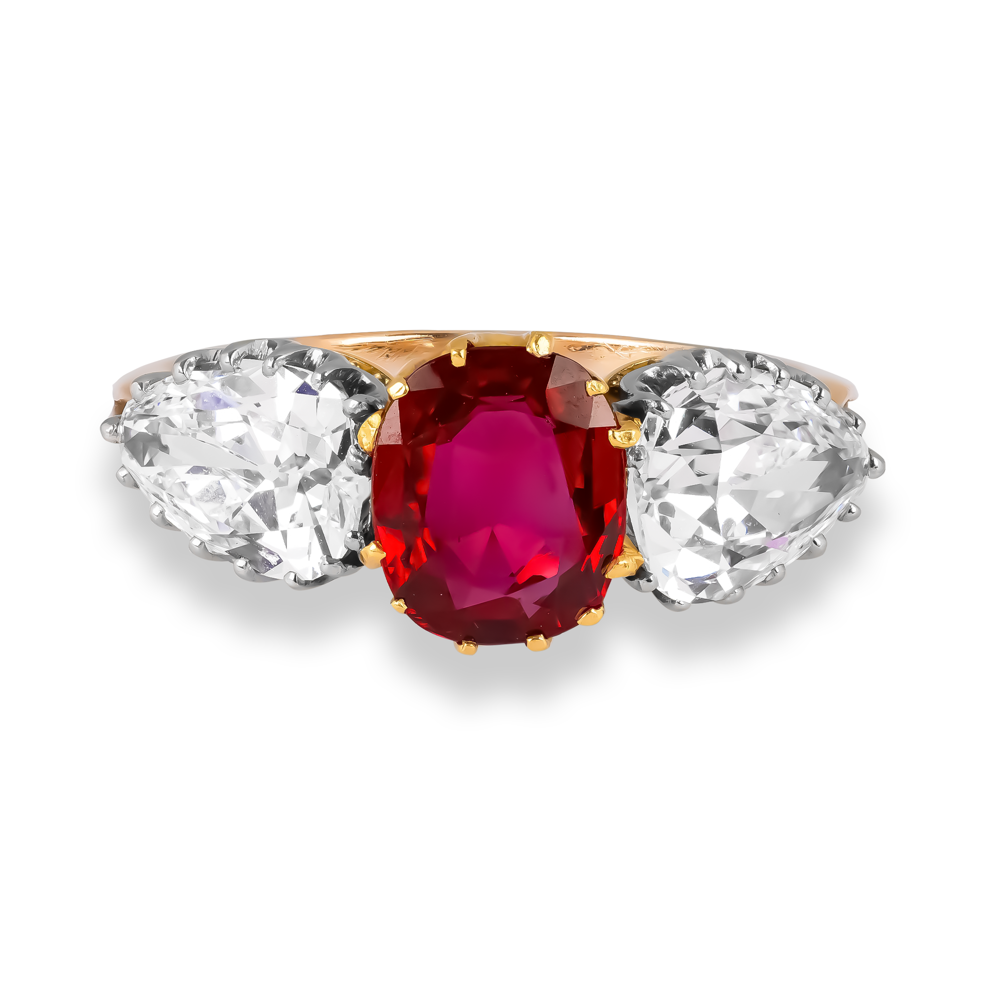 Victorian 1.63t Burmese Ruby and Diamond Three Stone Ring Cushion Cut, Claw Set_2