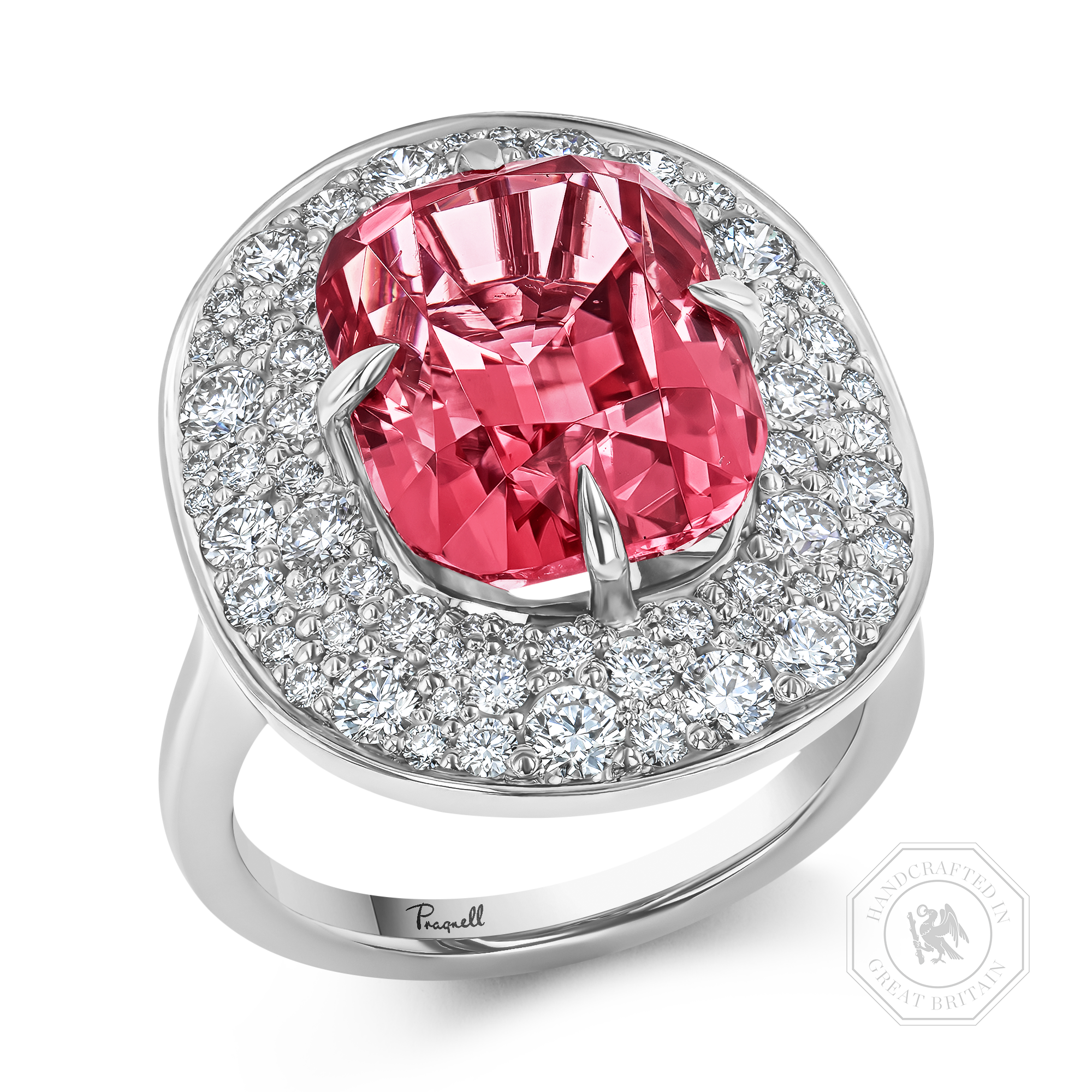 Snowstorm 8.08ct Peach Tourmaline and Diamond Cocktail Ring Cushion modern cut, Claw set_1