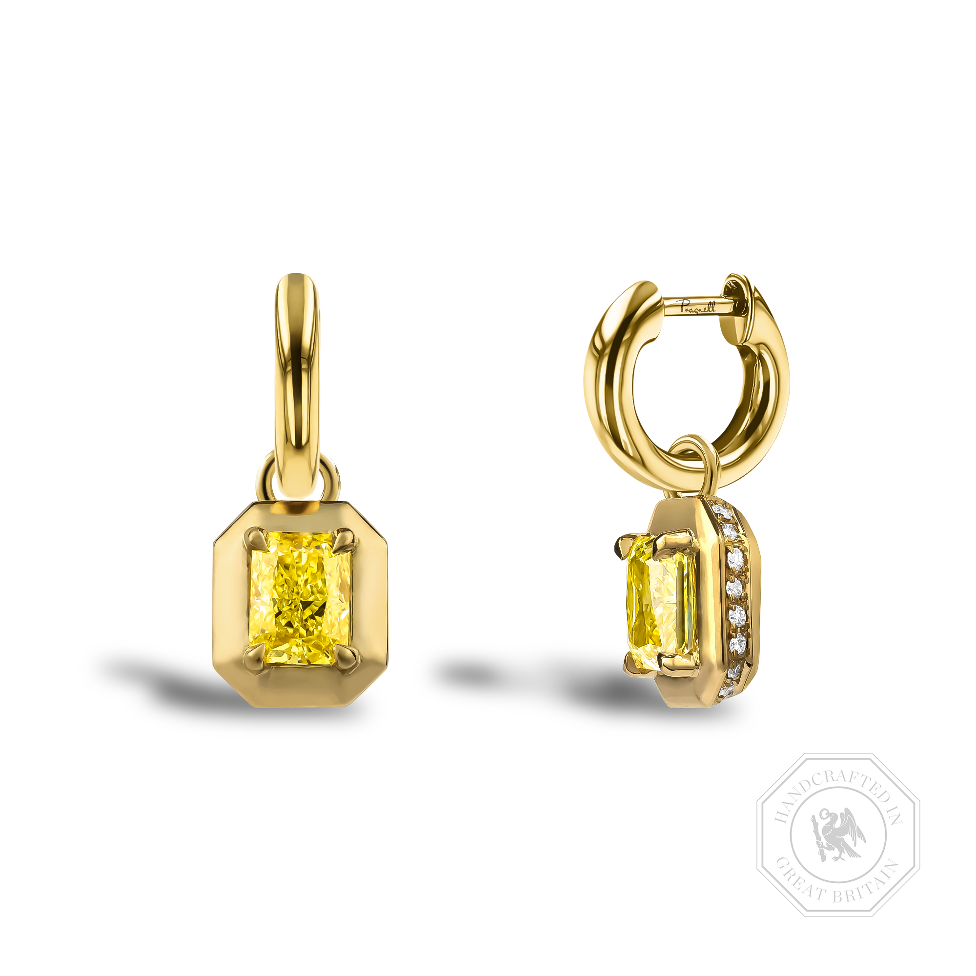 Skimming Stone 1.41ct Fancy Yellow Diamond Drop Earrings Radiant Cut, Claw Set_1