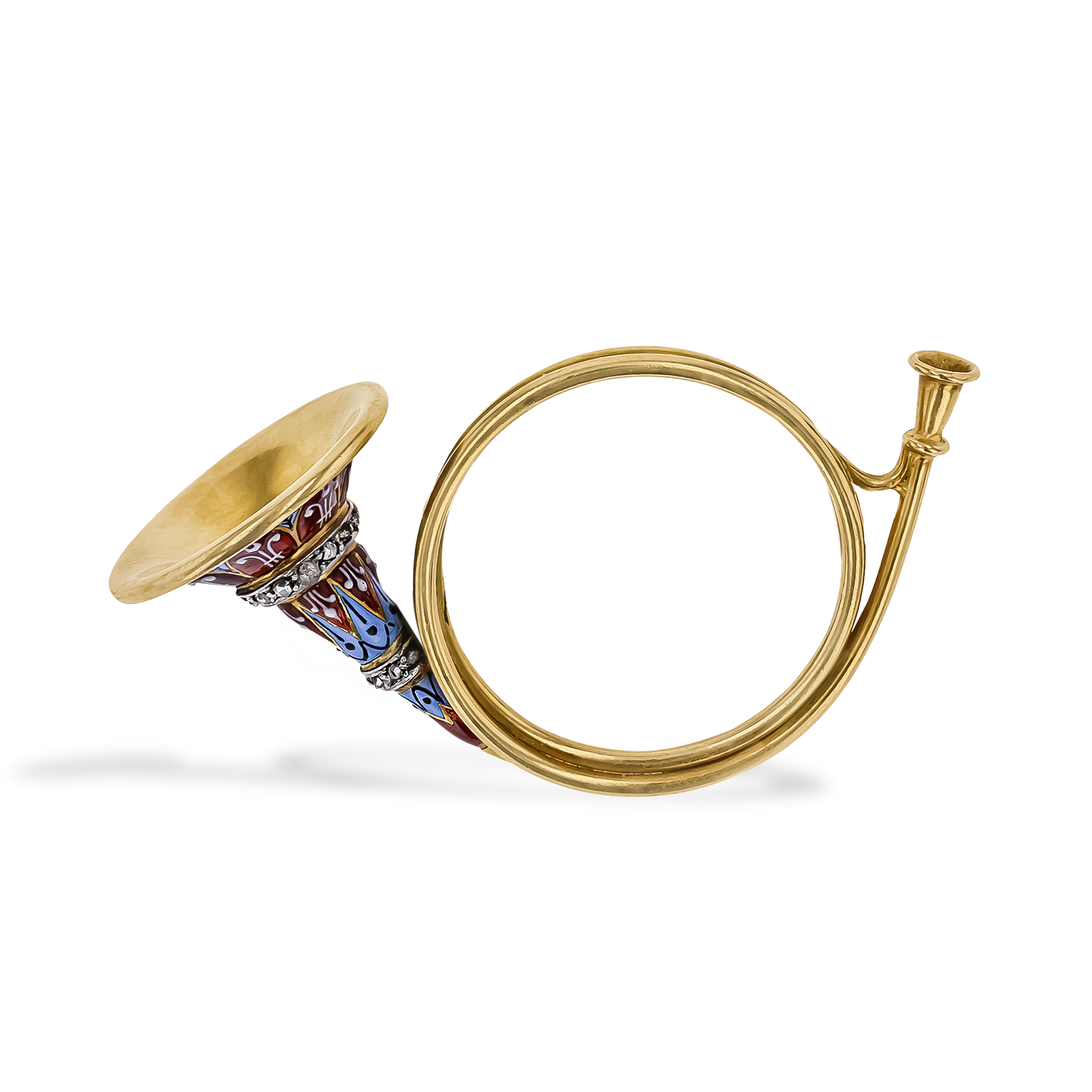 Late 19th-Century European Enamel & Diamond Hunting Horn Brooch Old Cut, Grain Set_1