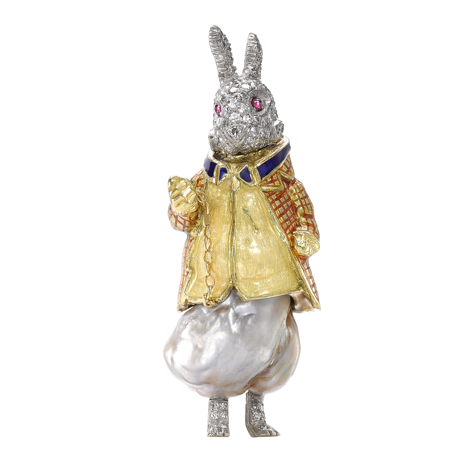 Edwardian Baroque Pearl Rabbit Brooch Rabbit Clip Brooch, with Diamond & Enamel_1