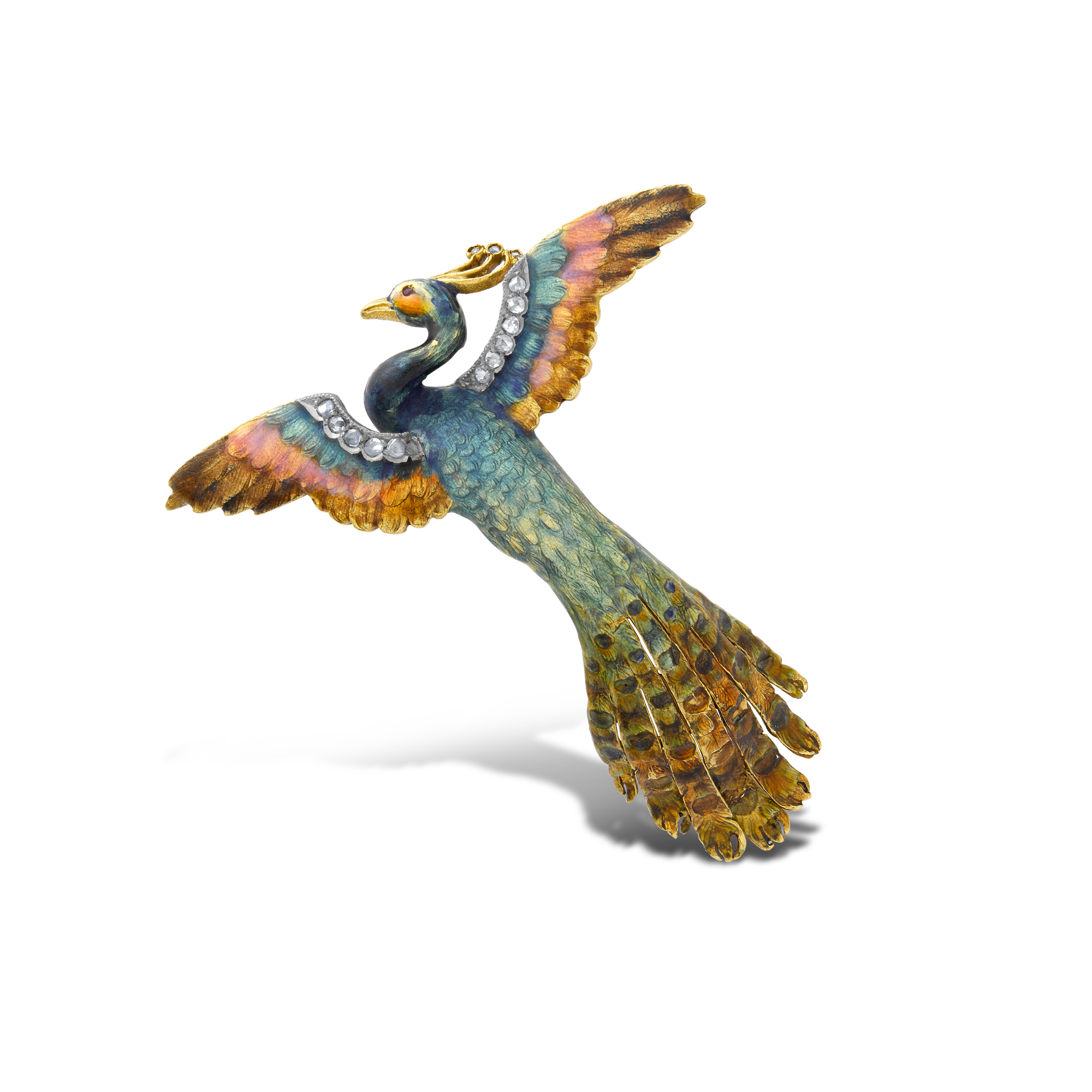 Victorian Diamond and Enamel Phoenix Rising from the Ashes Brooch Old Cut, Millegrain Set_1