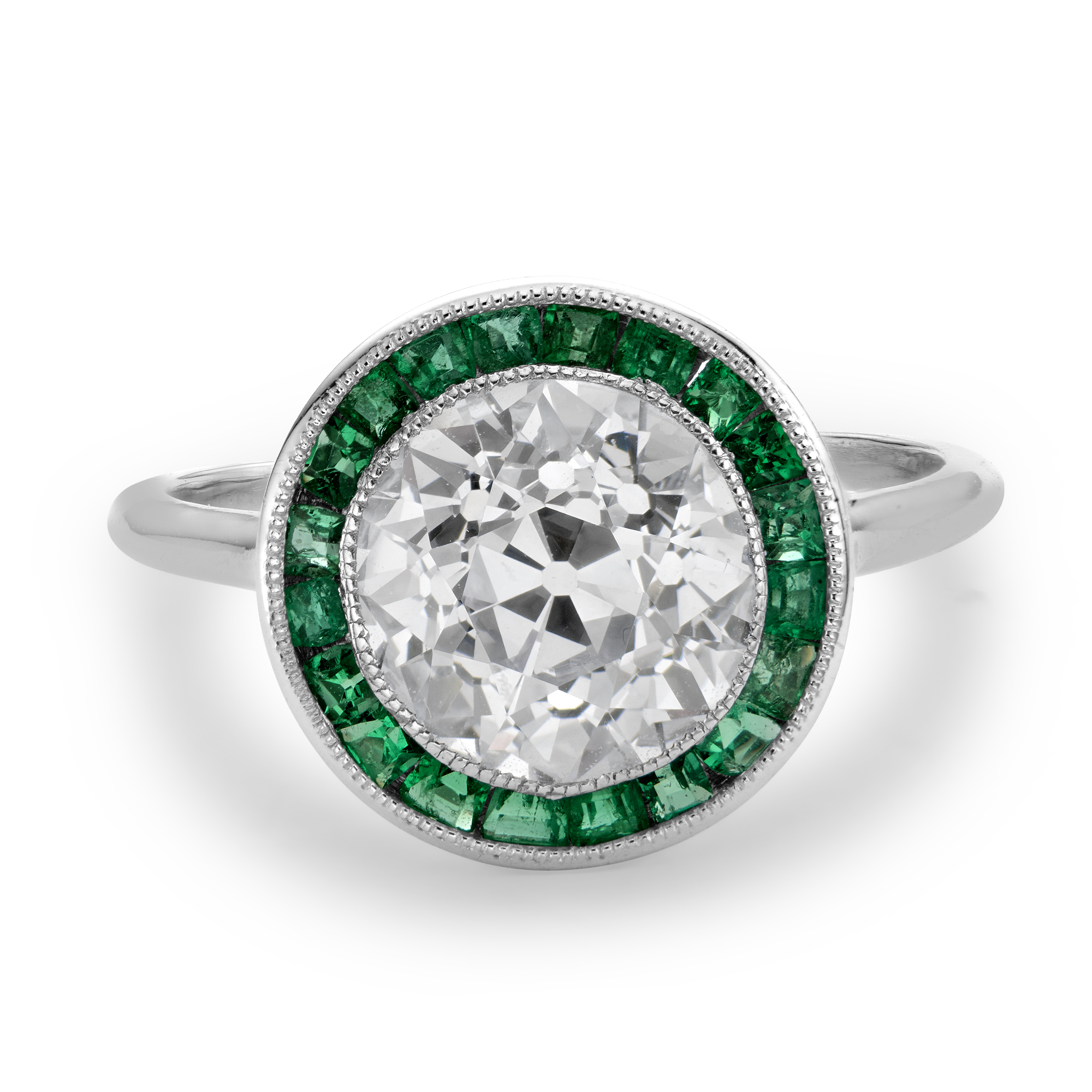 Diamond & Emerald Target Cluster ring with Emerald Surround Old Mine and Calibre Cut, Millegrain Set_2