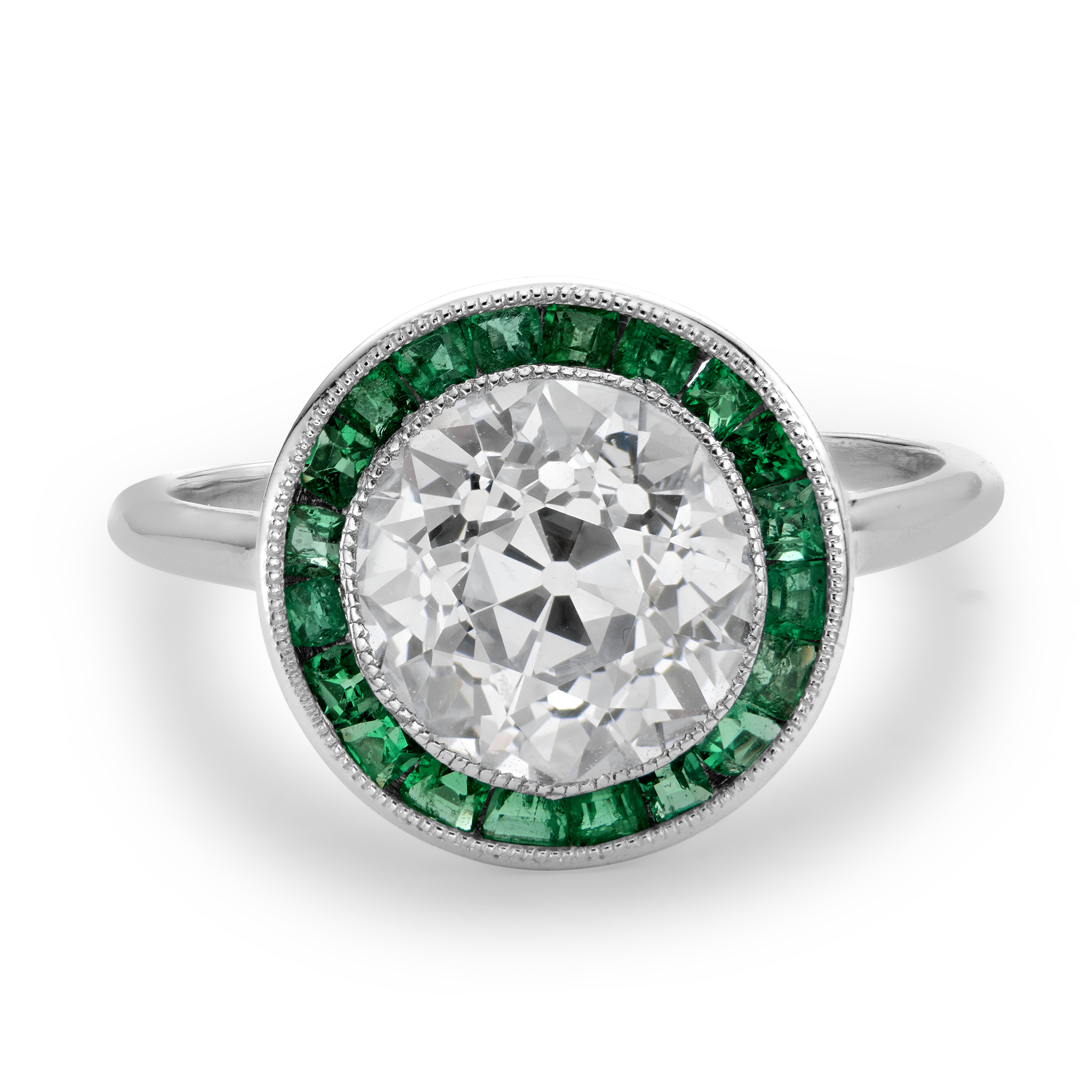 Diamond & Emerald Target Cluster ring with Emerald Surround Old Mine and Calibre Cut, Millegrain Set_2