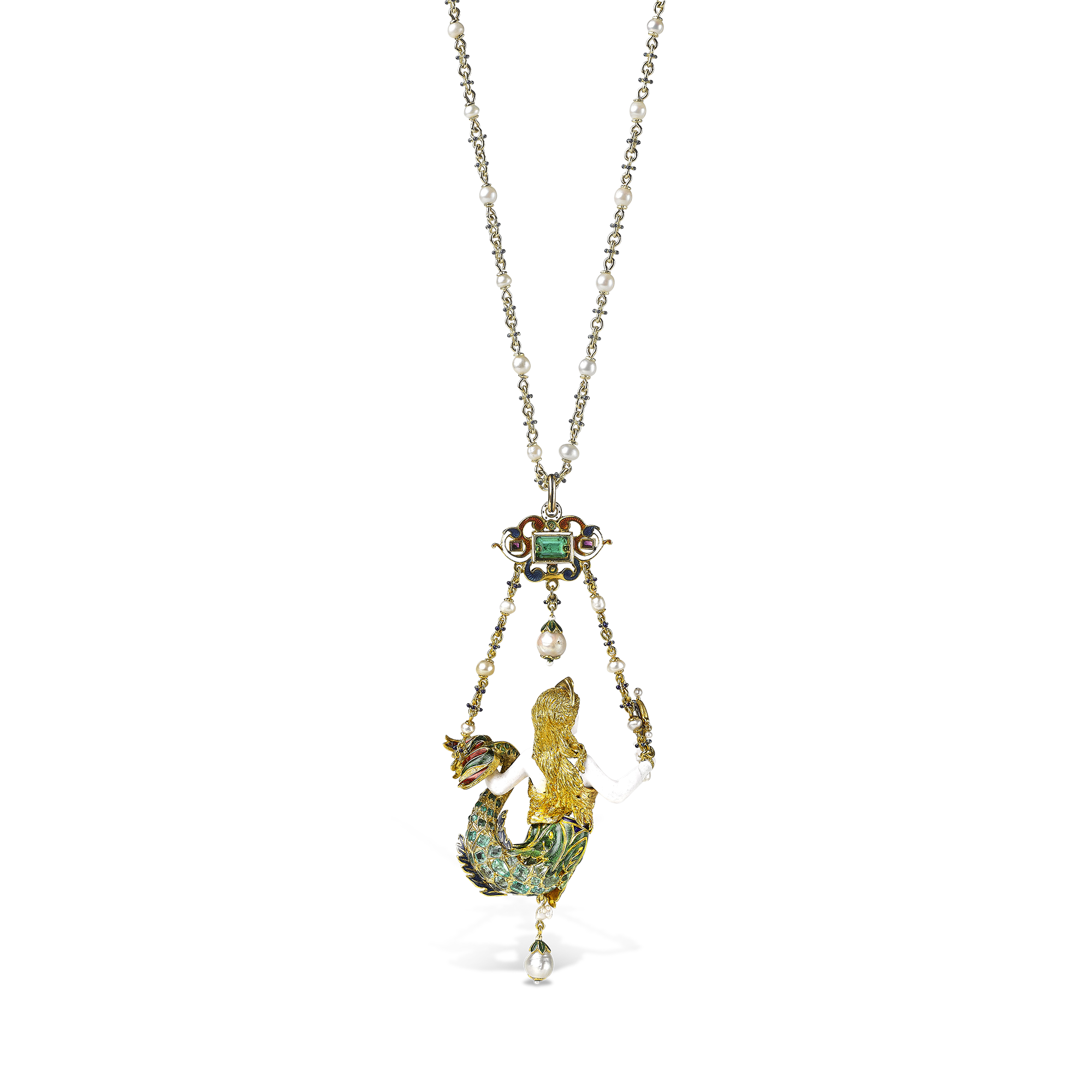 Victorian Emerald Mermaid Pendant Mixed Cut, with Pearl and Enamel Detail_3