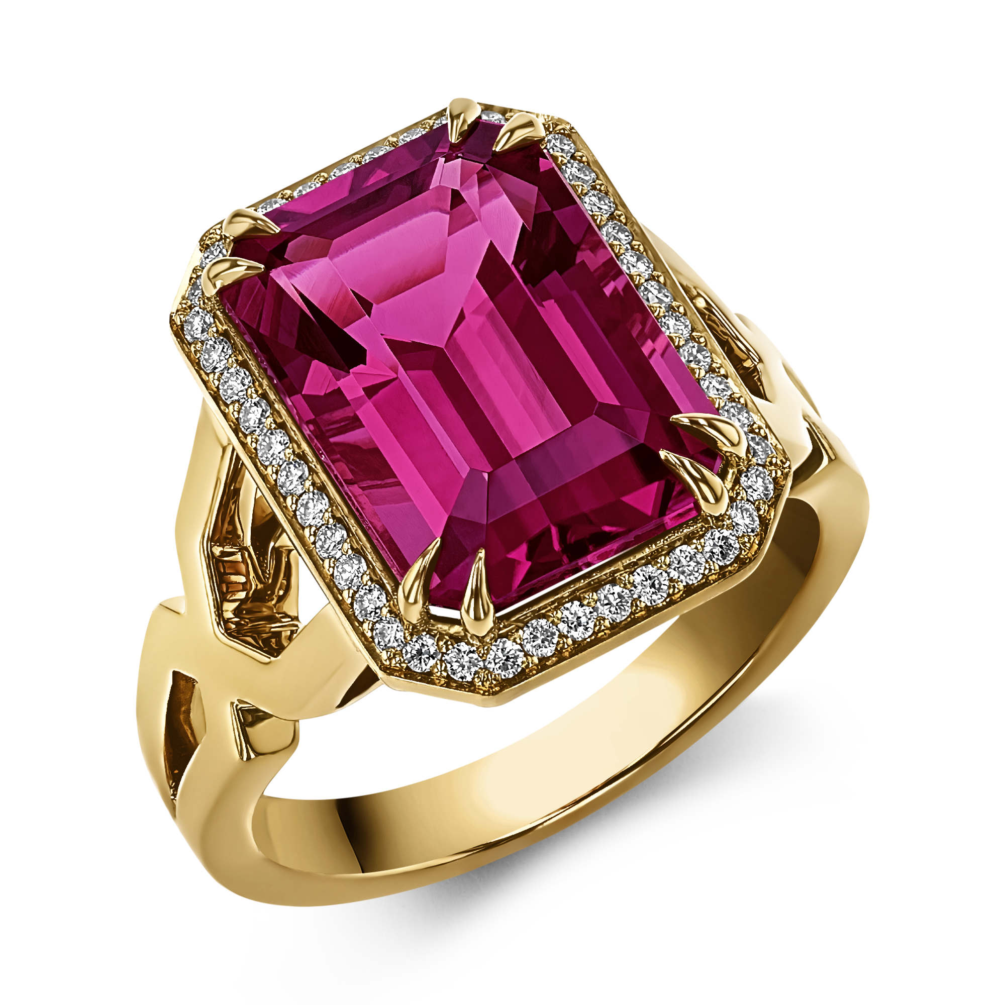 Pink Tourmaline and Diamond Ring Emerald Cut, Four Claw Set_1