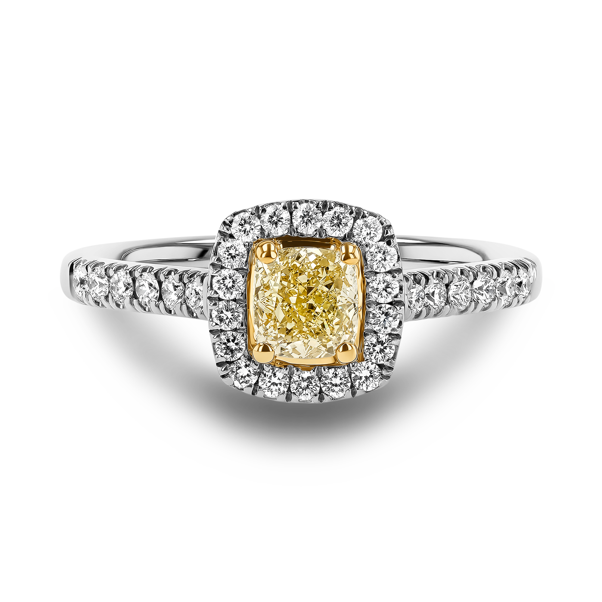 Celestial 0.54ctFancy Yellow Diamond Cluster Ring with Diamond Surround Cushion modern cut, Claw set_2