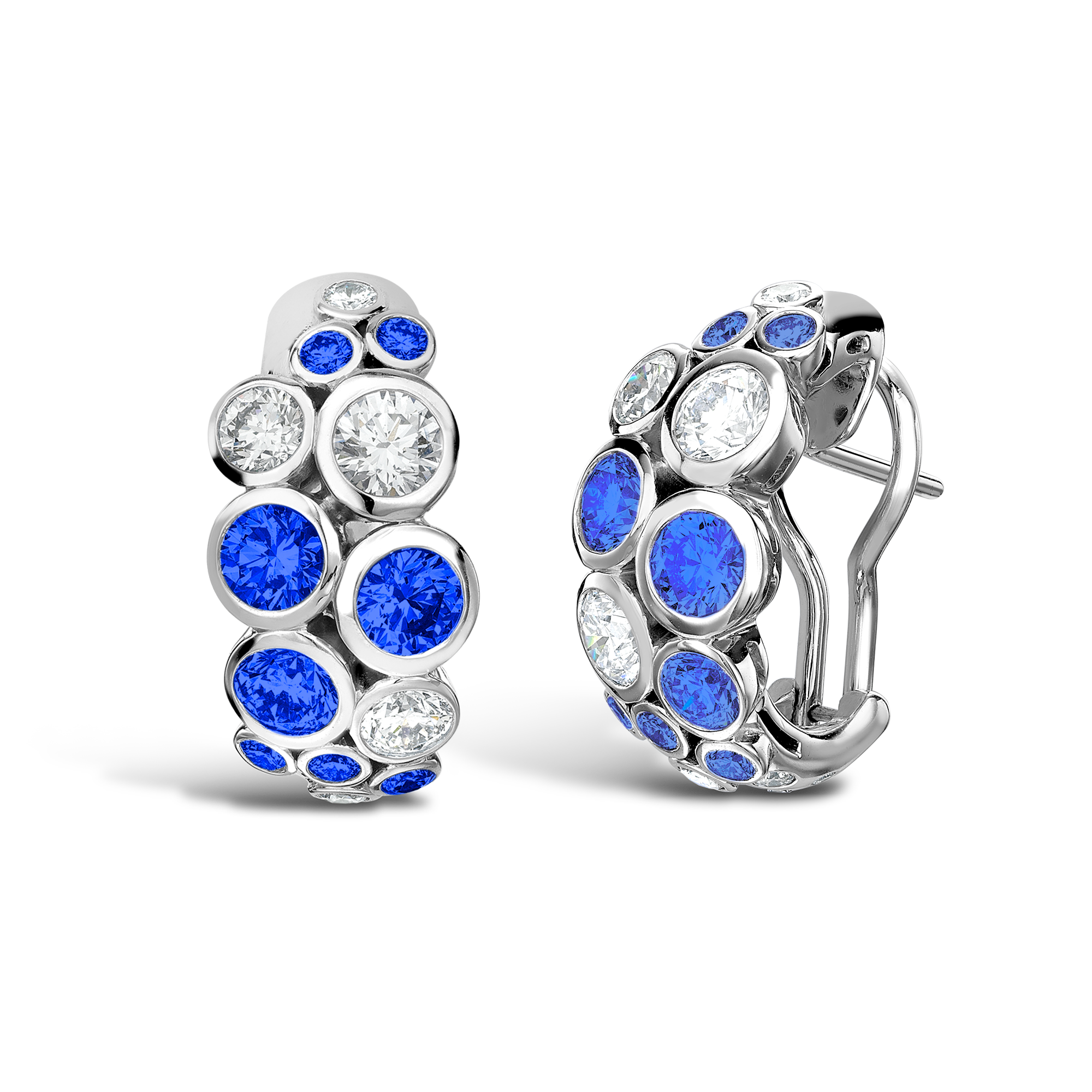 Bubbles Blue Sapphire and Diamond Half-Hoop Earrings Brilliant Cut, Rubover Set_1