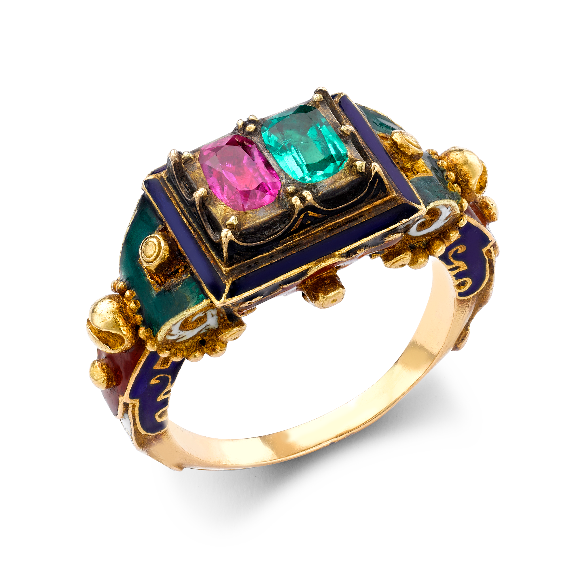 Victorian Renaissance Revival Ruby & Emerald Dress Ring Cushion Cut, Claw Set_1